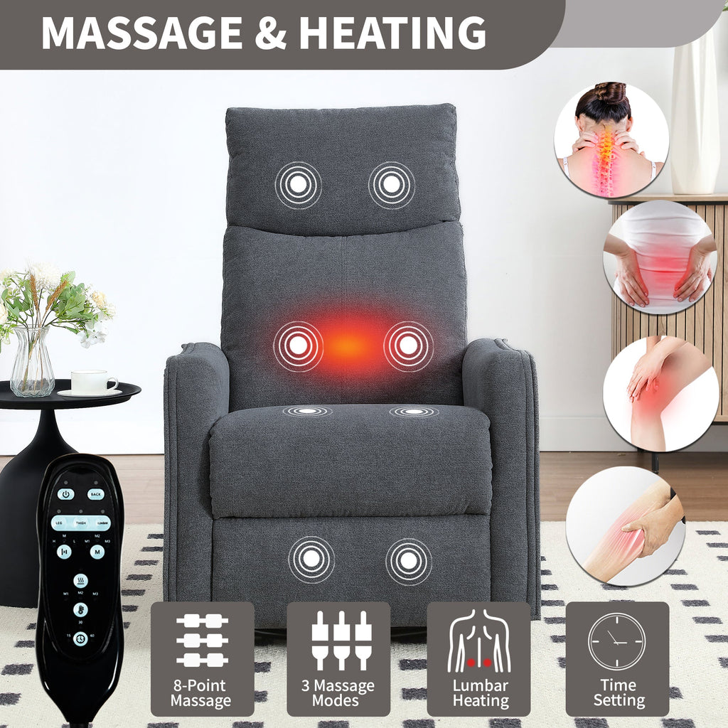Heat Massage Manual Recliner Chair with Rocker and Swivel in Fabric for Living Room, Grey