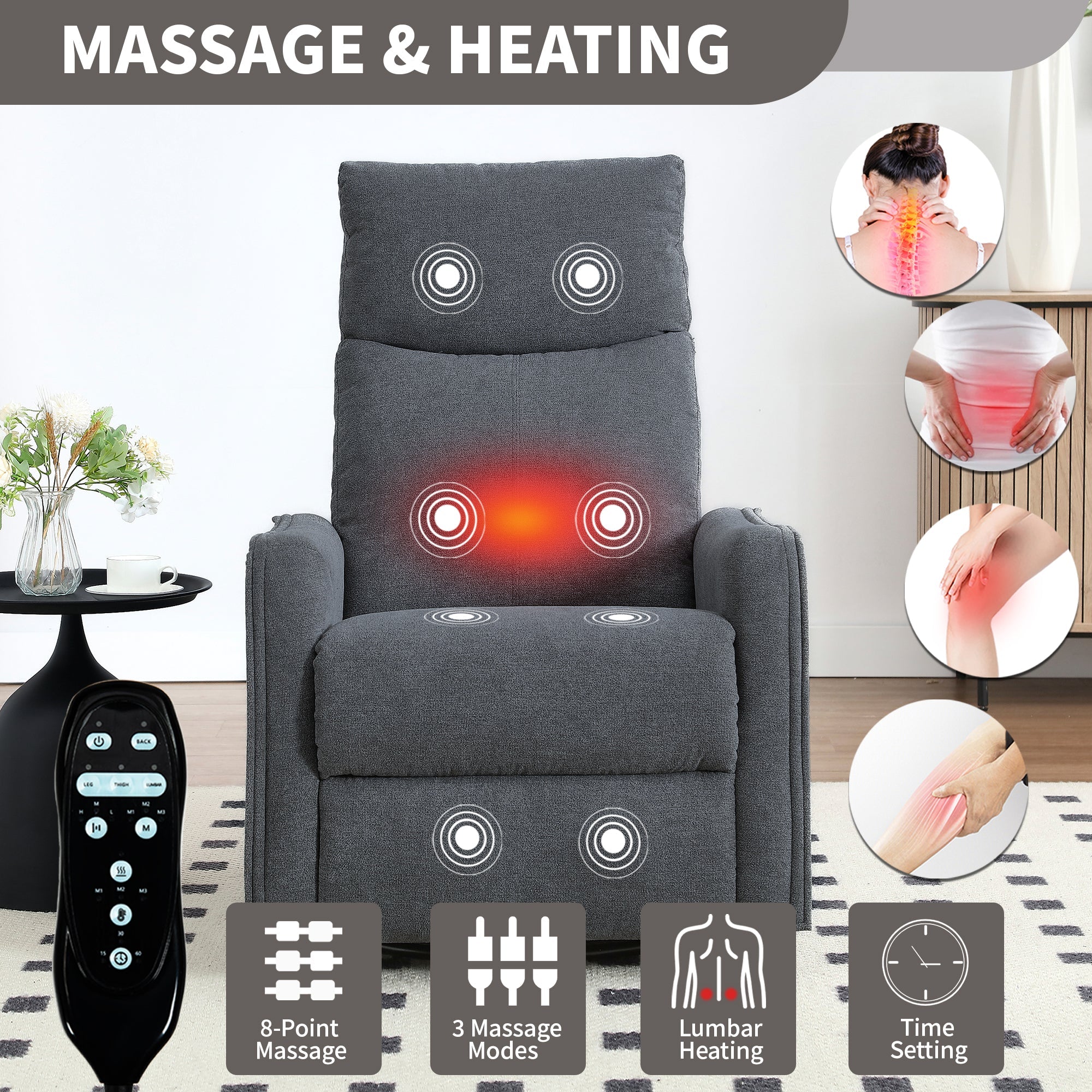 Heat Massage Manual Recliner Chair with Rocker and Swivel in Fabric for Living Room, Grey