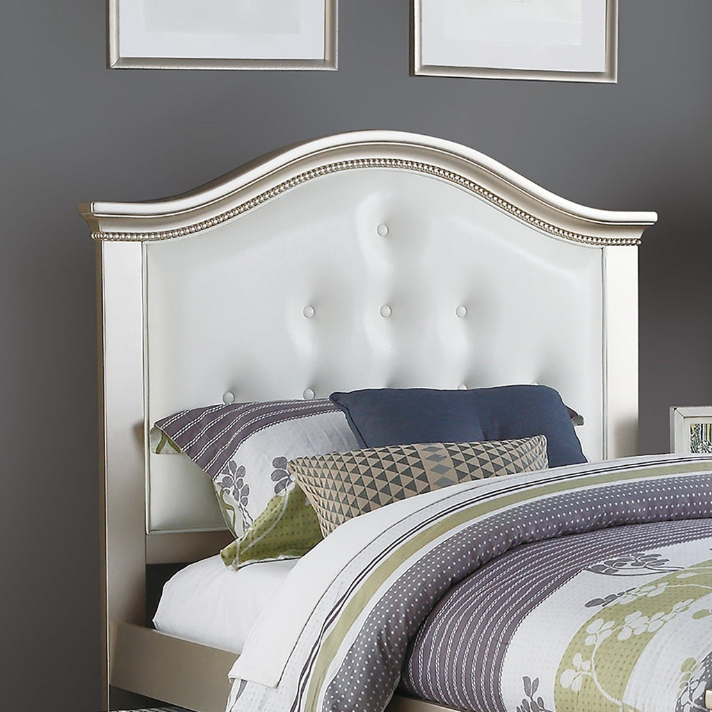 Contemporary Style Silver Twin Size Bed w/ Trundle Slats Pine Plywood Kids Youth Bedroom Furniture White Faux Leather Tufted HB