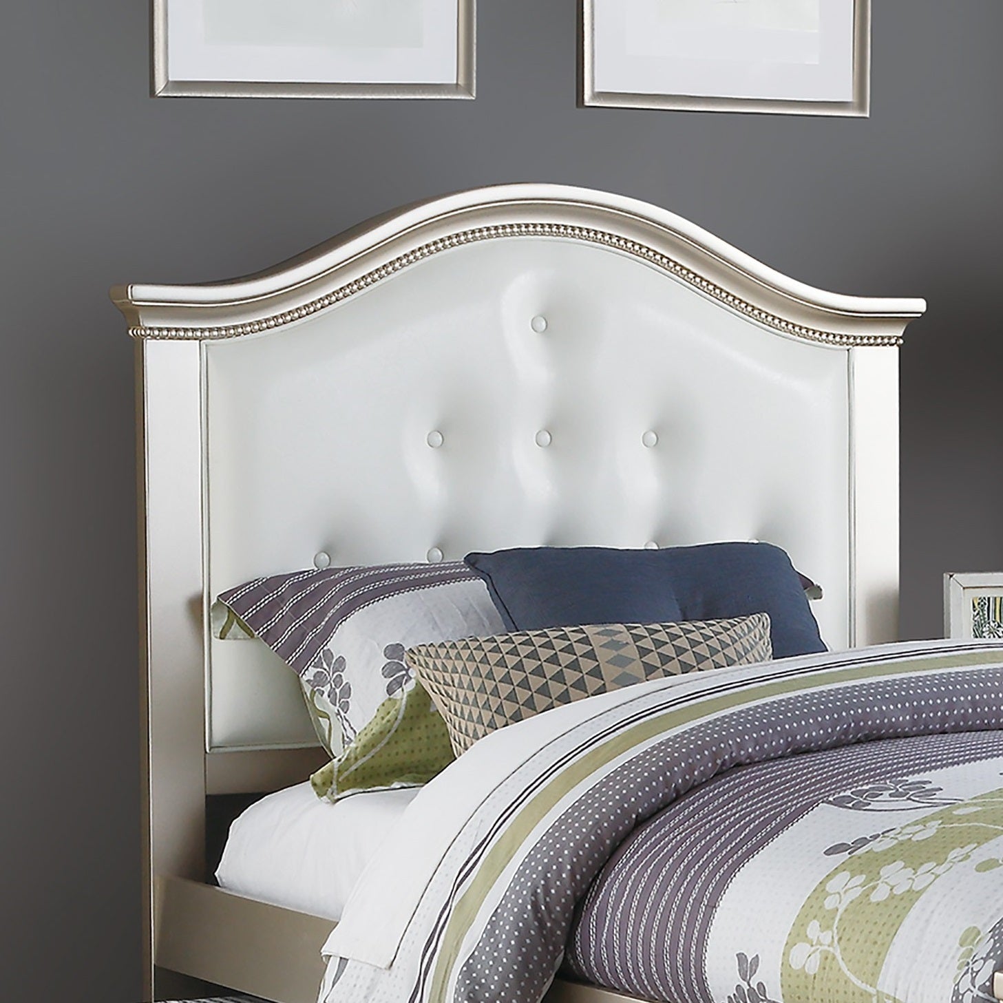 Contemporary Style Silver Twin Size Bed w/ Trundle Slats Pine Plywood Kids Youth Bedroom Furniture White Faux Leather Tufted HB