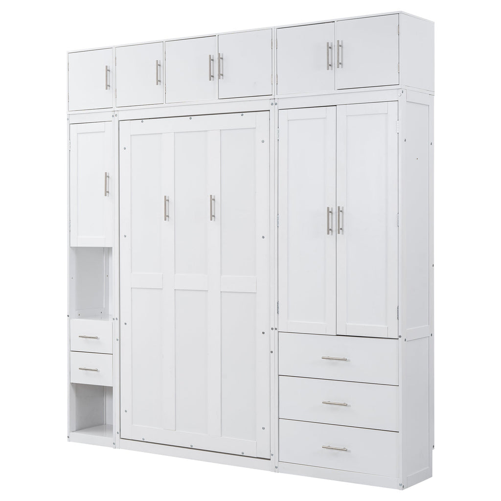 White Twin Size Murphy Bed with Lockers and Wardrobes, MDF+Pine, 93.2''L x 15.7''W x 99''H
