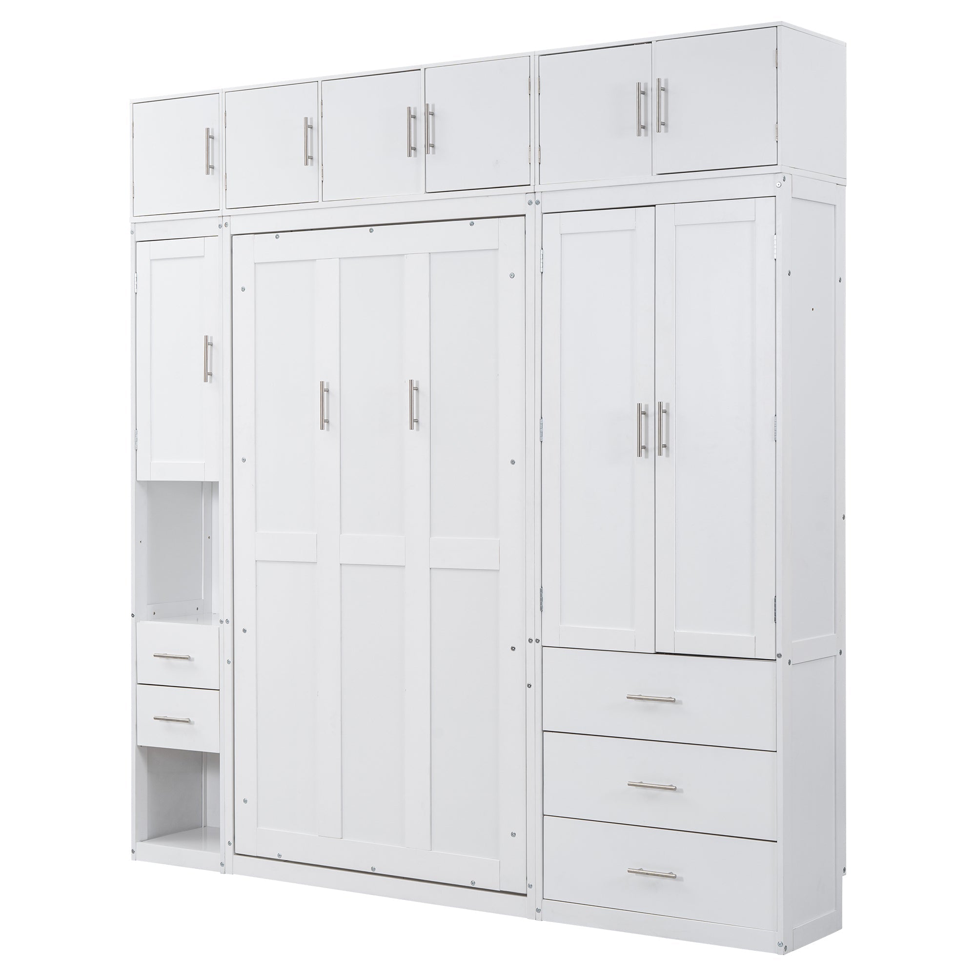 White Twin Size Murphy Bed with Lockers and Wardrobes, MDF+Pine, 93.2''L x 15.7''W x 99''H