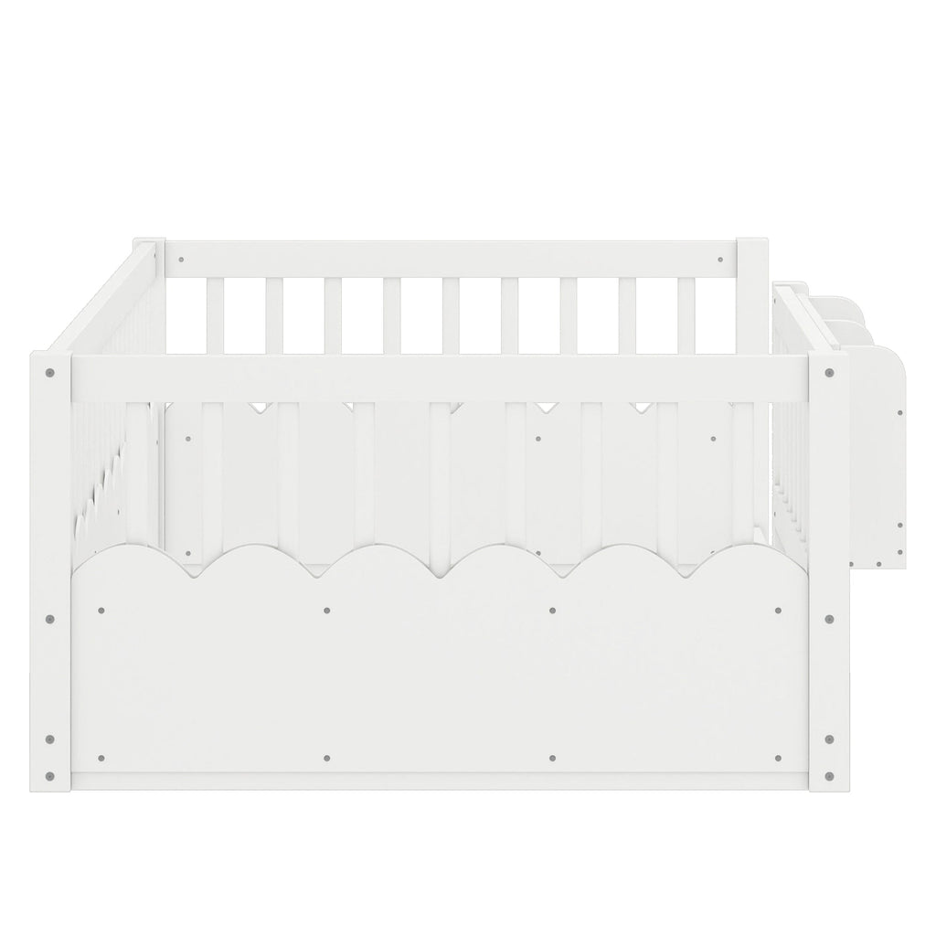 Twin Floor bed with Heightened Fence and bookshelf ,Wood Floor Bed for Kids, White.