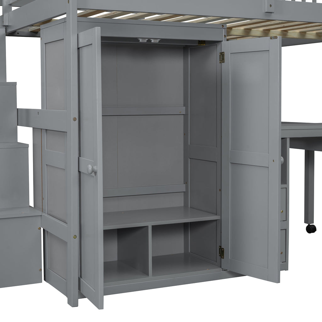 Full Size Loft Bed with Stairs, Bookshelf, Drawers, Desk & Wardrobe – Space-Saving Multifunctional Furniture for Kids & Teens-Gray