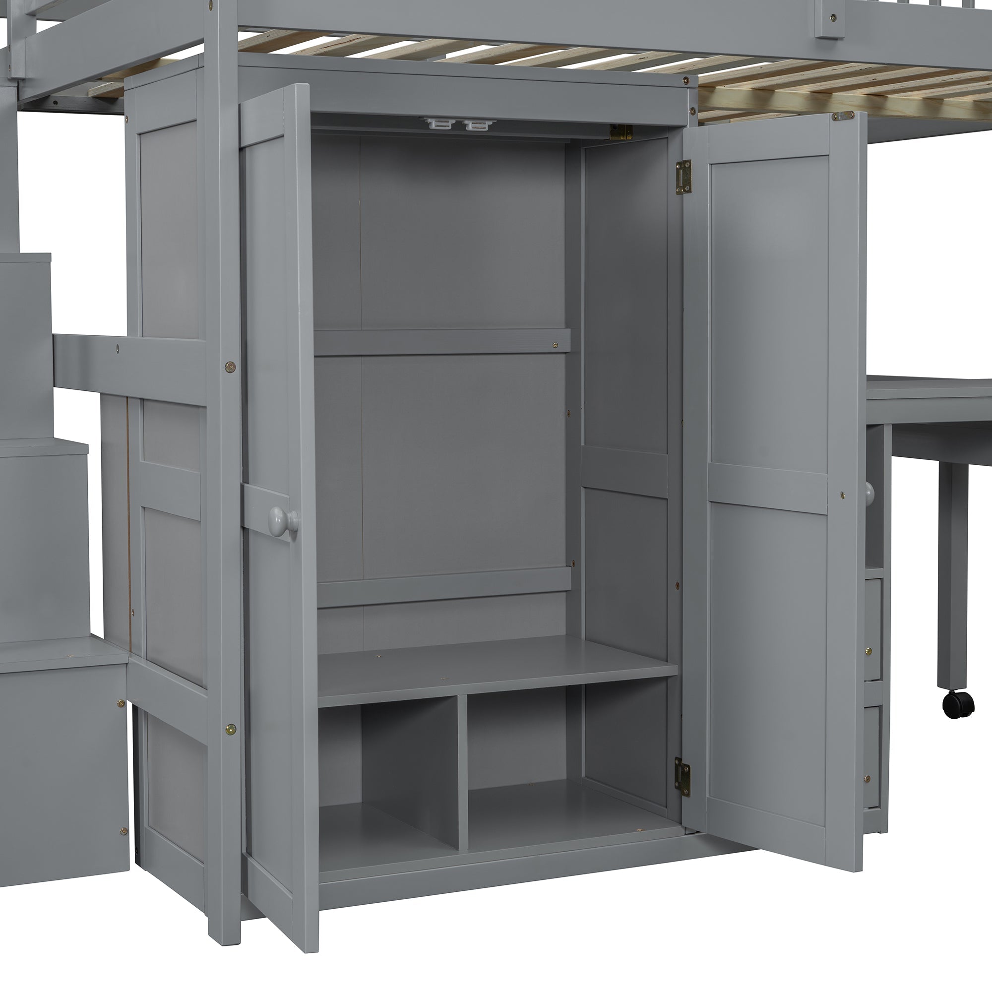 Full Size Loft Bed with Stairs, Bookshelf, Drawers, Desk & Wardrobe – Space-Saving Multifunctional Furniture for Kids & Teens-Gray