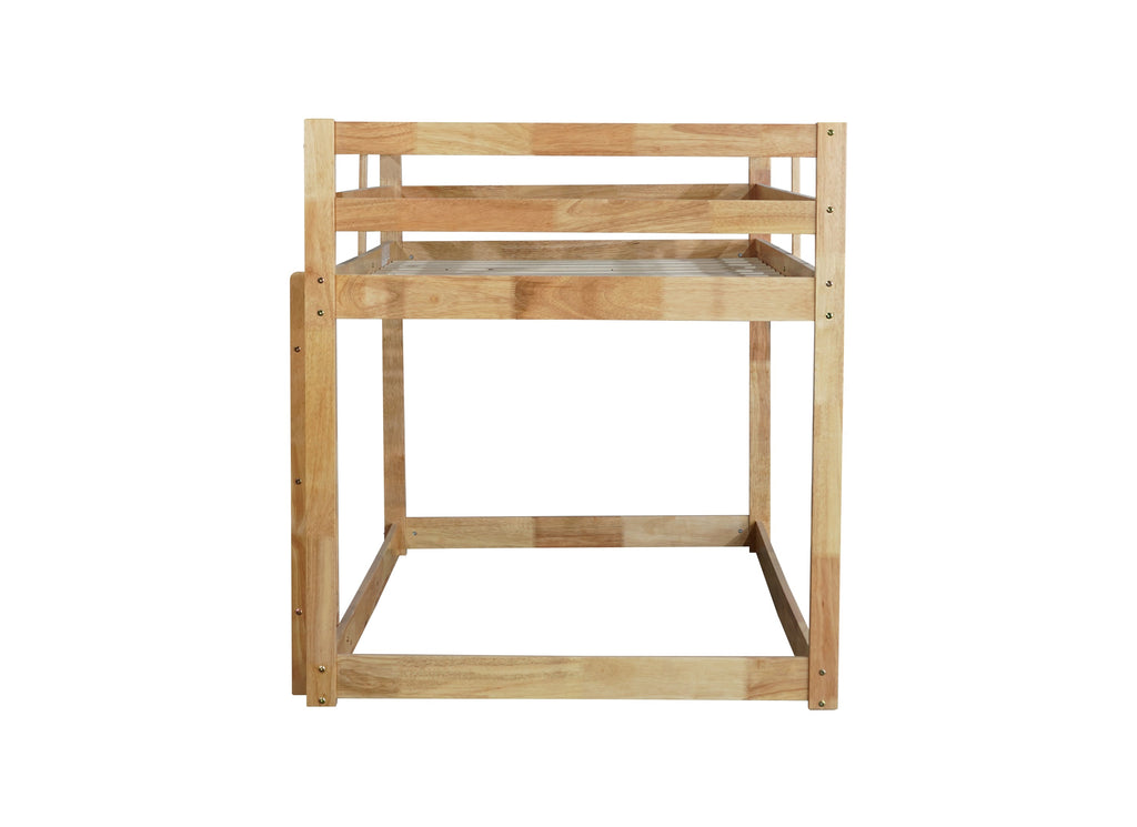 Solid Wooden, Solid Rubber Wooden Twin over Twin Floor Bunk Bed with Ladder, with Bed Platform of Strengthened Slats  , Natural