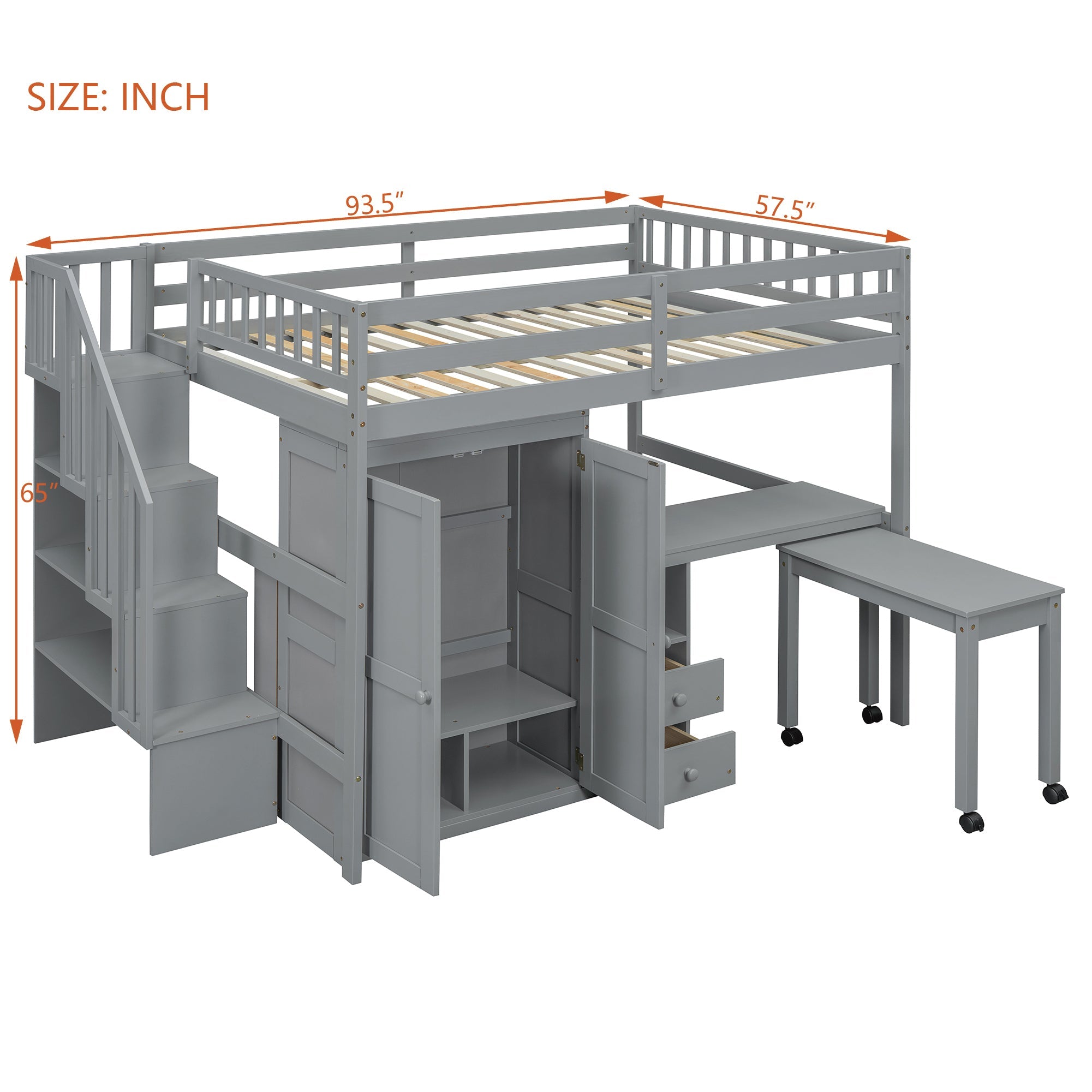Full Size Loft Bed with Stairs, Bookshelf, Drawers, Desk & Wardrobe – Space-Saving Multifunctional Furniture for Kids & Teens-Gray