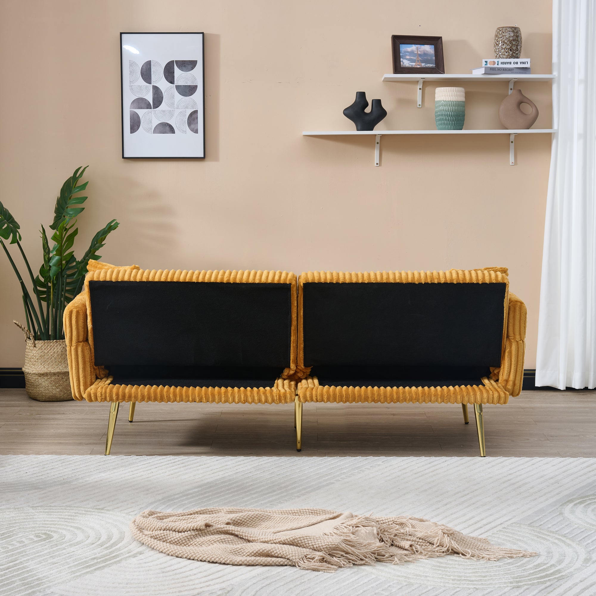 Luxury Corduroy Foldable Double Sofa Bed with Folding Armrests, Yellow, Solid Wood Frame, 79 Inch