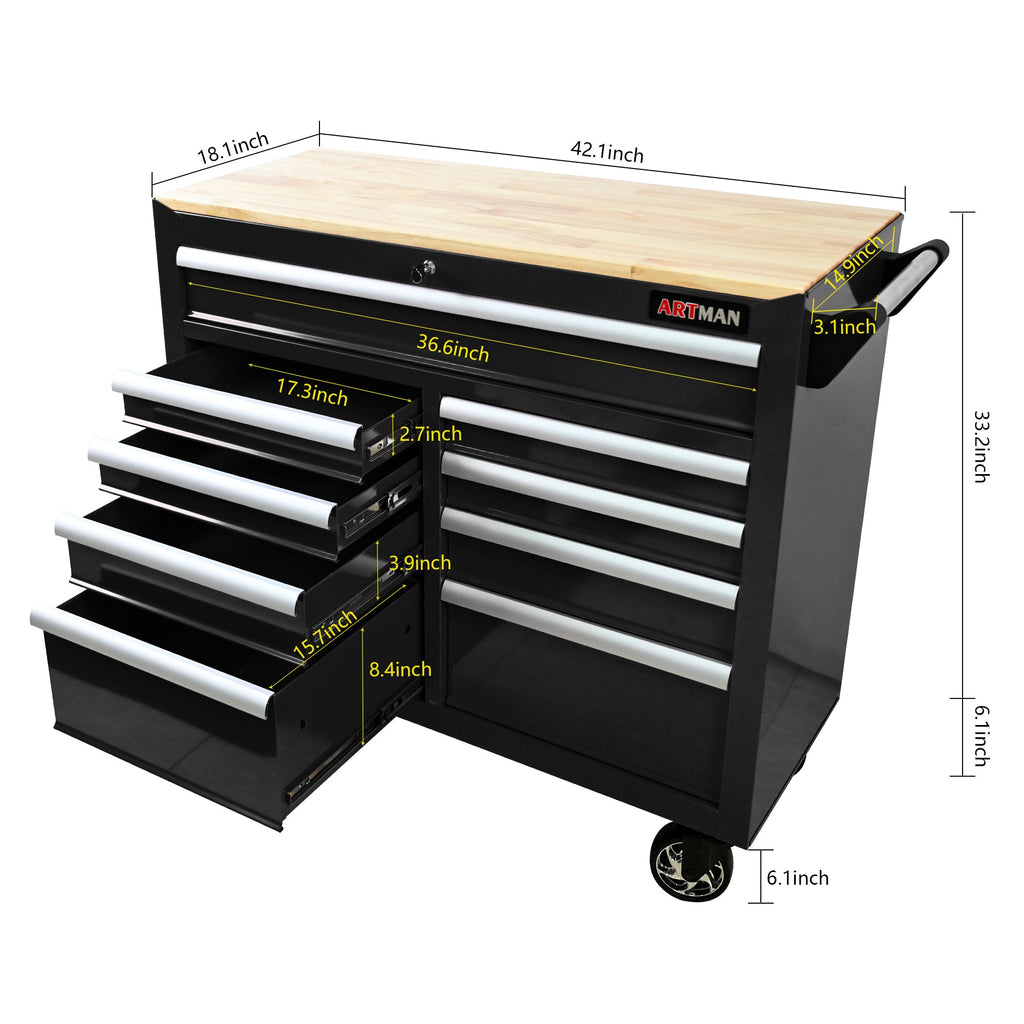 9-Drawer Multifunctional Steel Tool Cart with Wheels and Wooden Top, Black