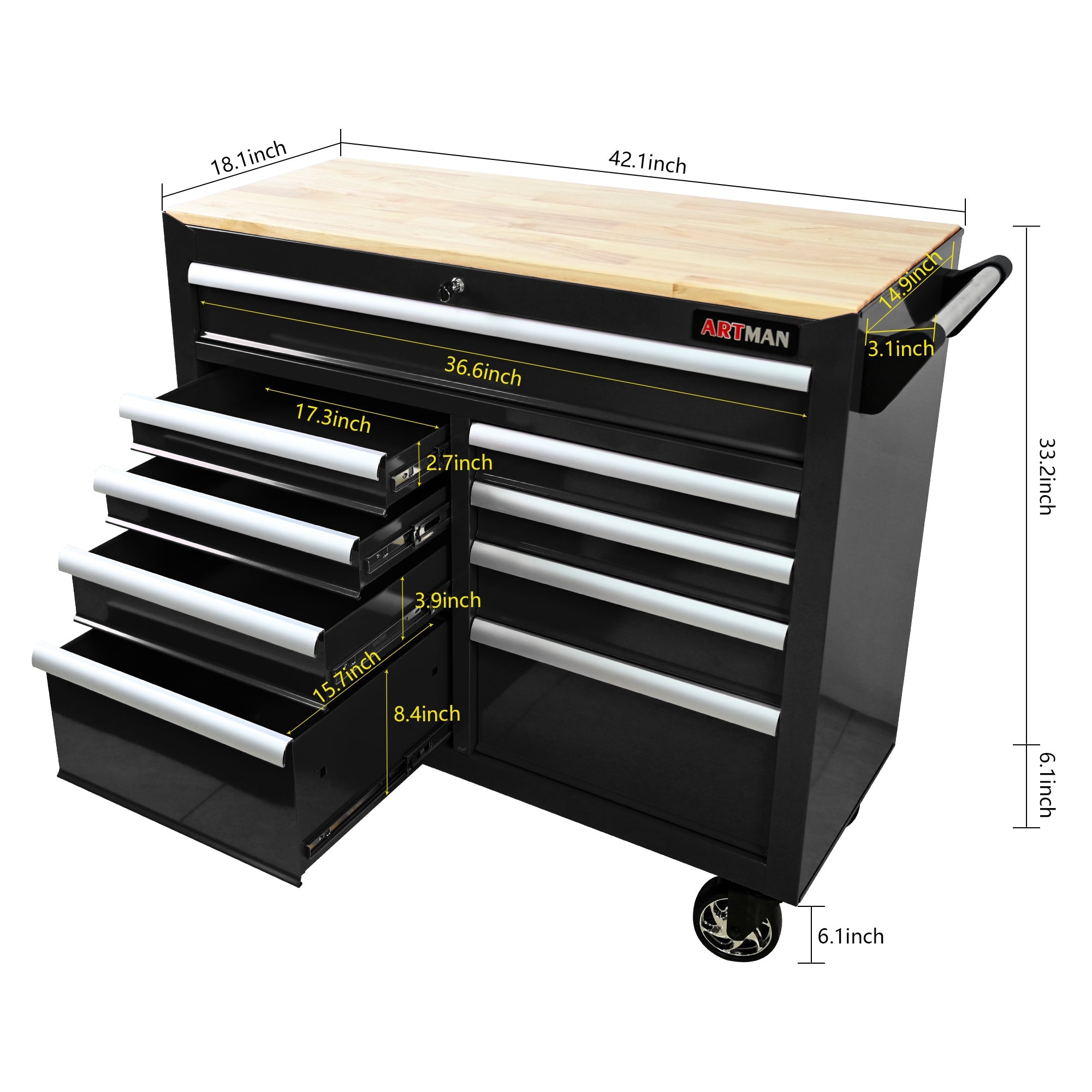 9-Drawer Multifunctional Steel Tool Cart with Wheels and Wooden Top, Black