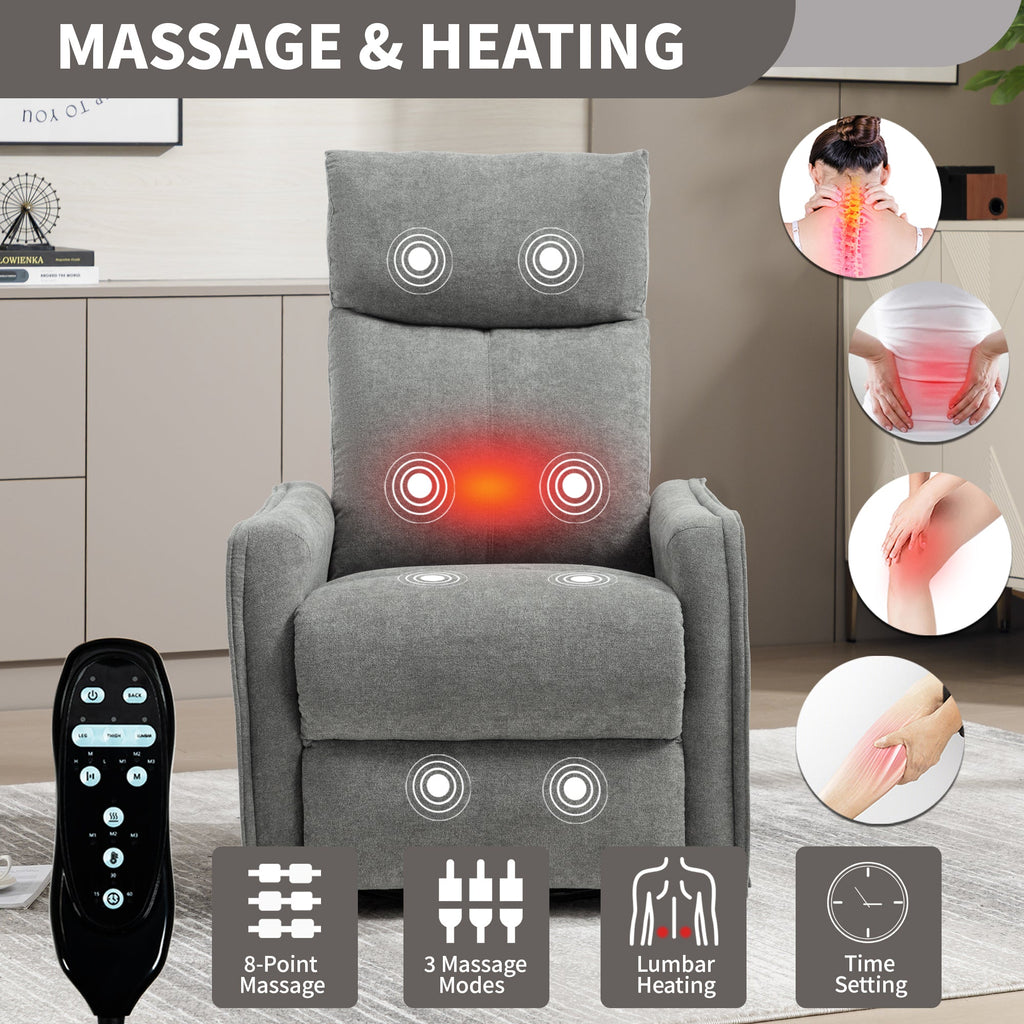 Heat Massage Manual Recliner Chair with Rocker and Swivel in Fabric for Living Room, Light Grey