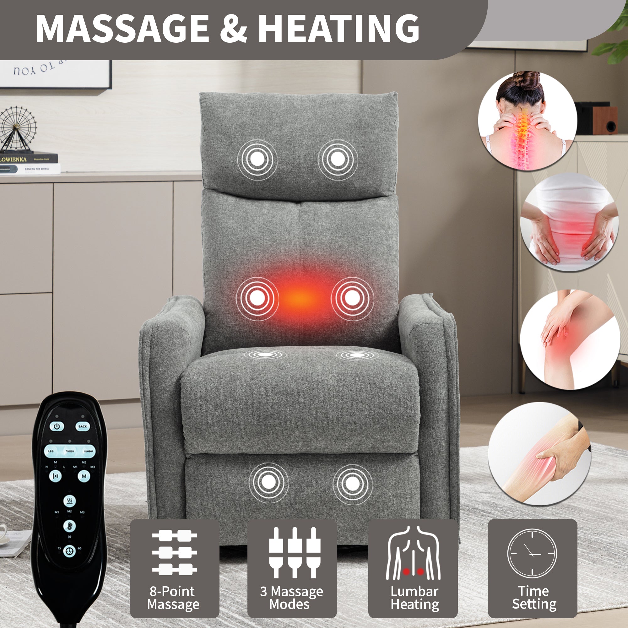 Heat Massage Manual Recliner Chair with Rocker and Swivel in Fabric for Living Room, Light Grey