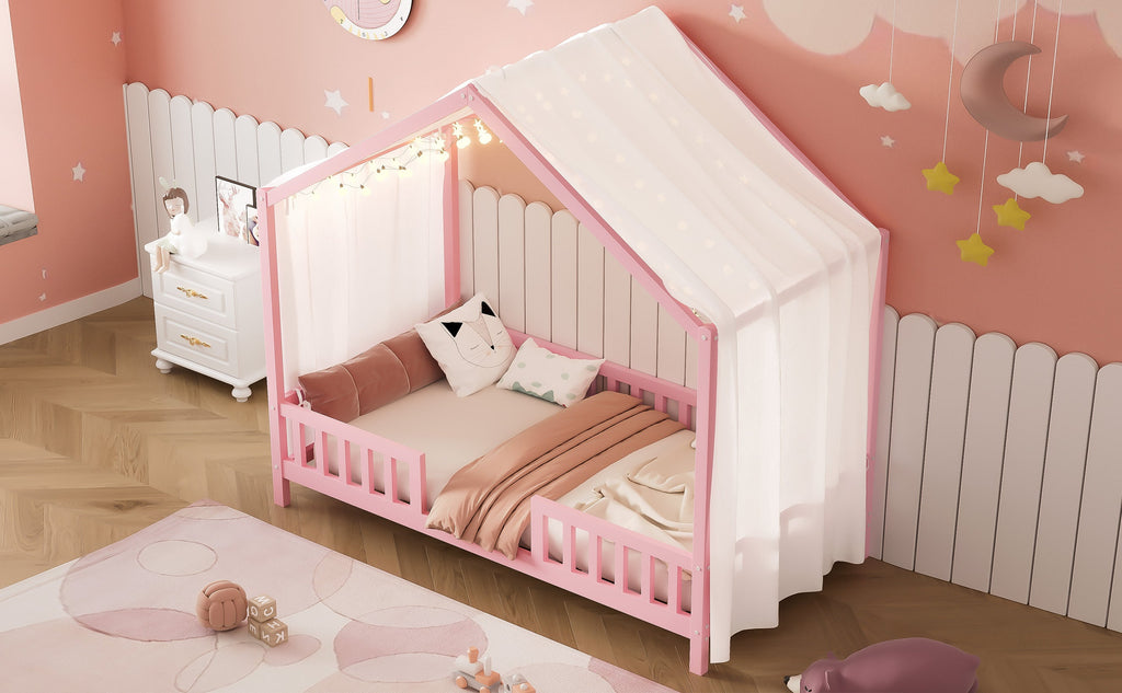 Montessori Floor Bed with Canopy, Twin Bed Frame for Kids, House Shape Kids Bed Frame with High Railings, Wood Kids Bed with Roof, Kid Twin Bed, Pink