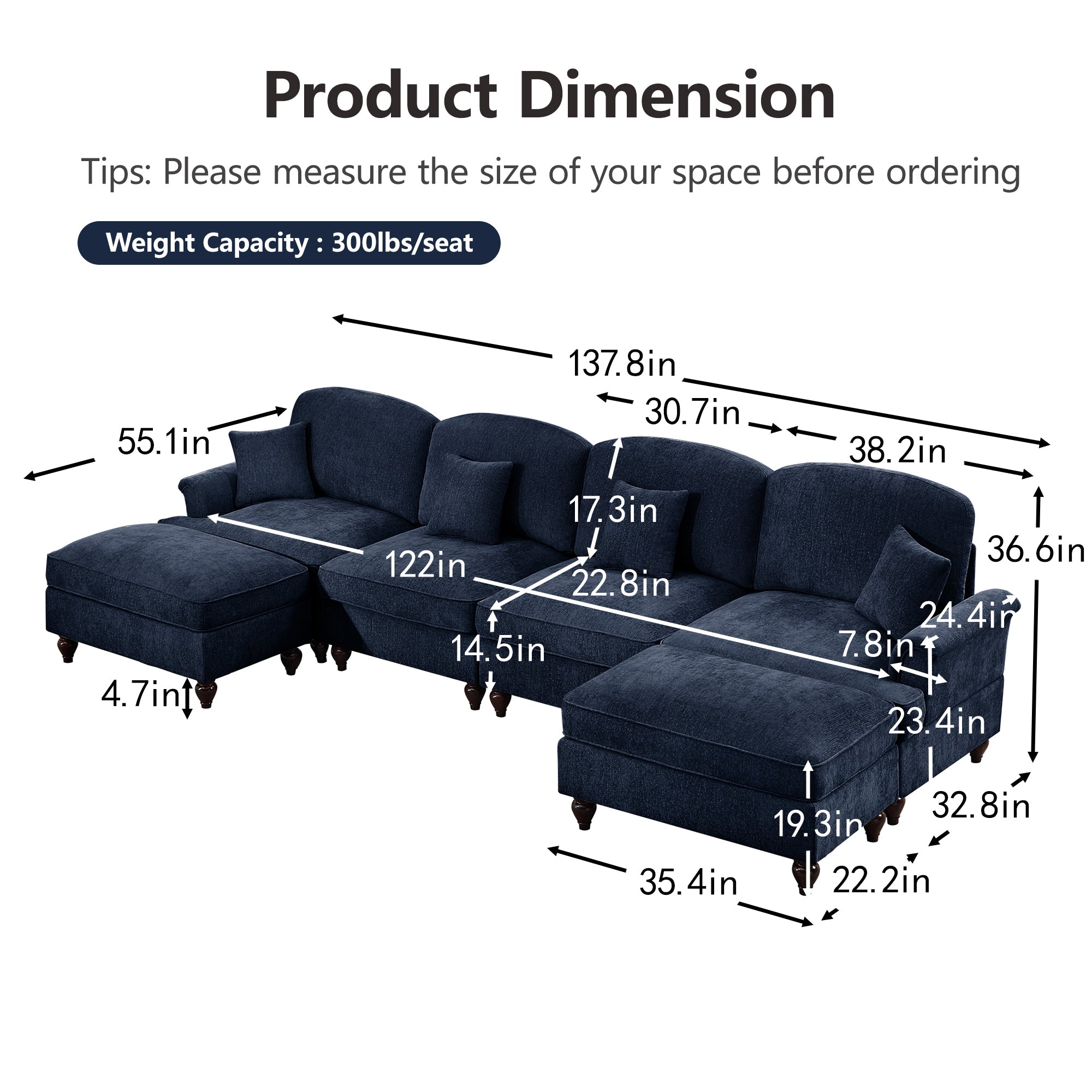 Classic U Shape 4 Seater Modular Sectional Sofa Couch with Flared Arms and Removable Ruffles Pleats Skirts and Spindle Legs, Chenille Deep Seat Cloud Sofa with Movable Ottomans, Blue