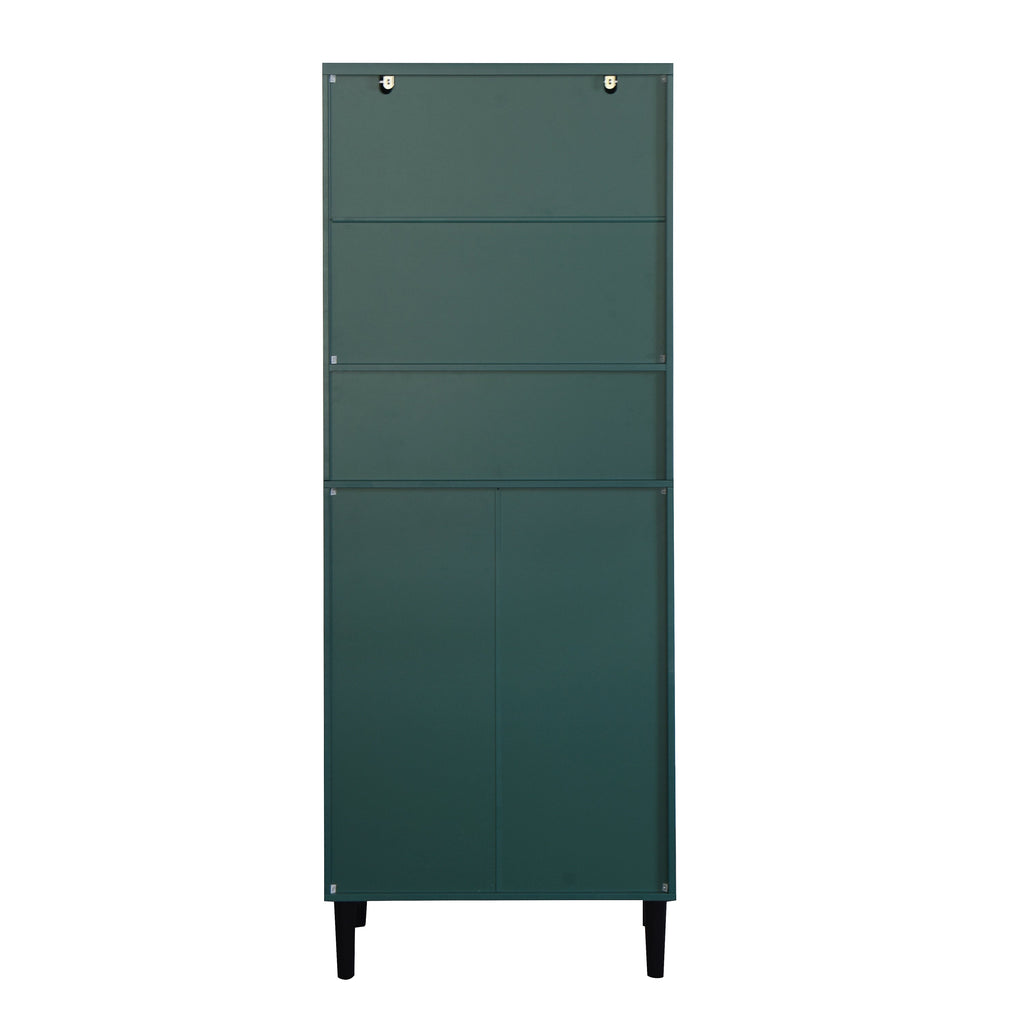 Tall Storage Bookcase with 2 Glass Display Door & 2 Doors, Tall Kitchen Pantry Cabinet with Gold Handles, Modern Cabinet Freestanding Living Room Green
