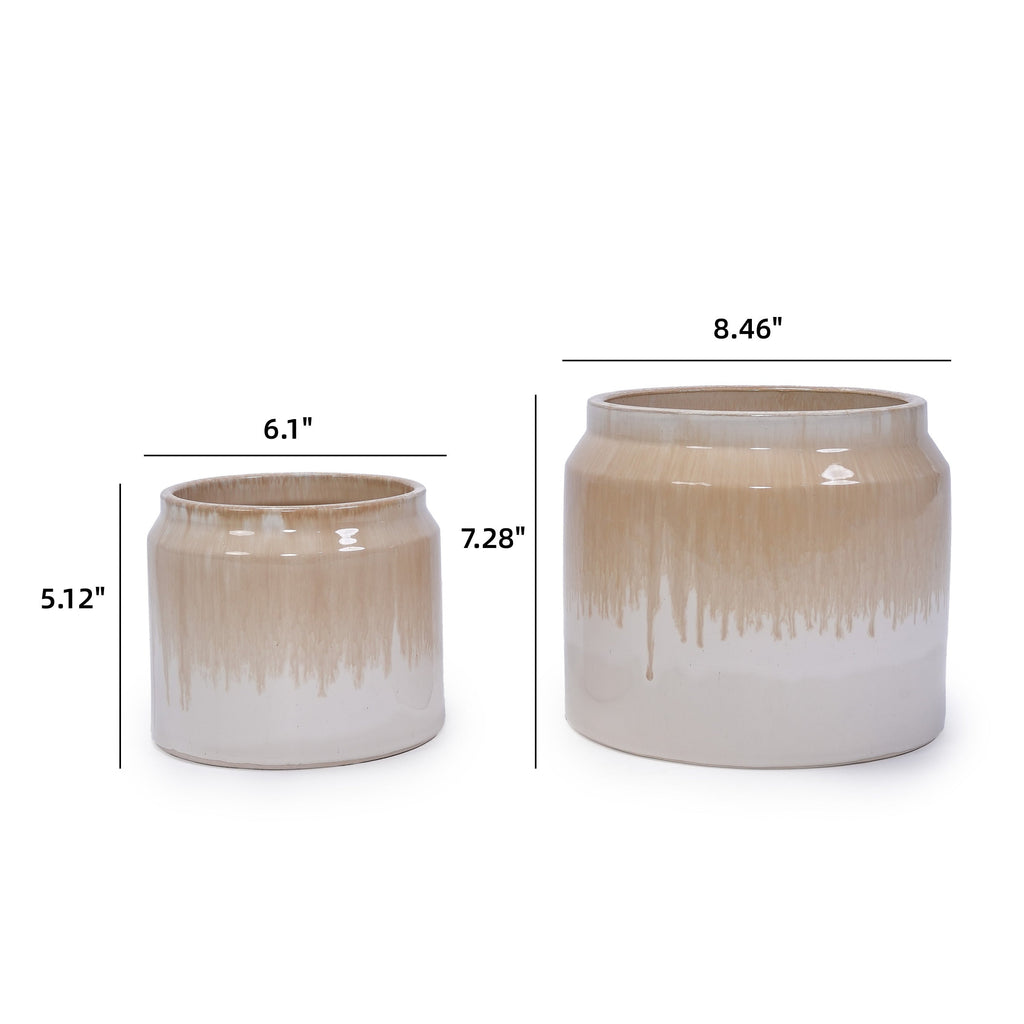 Set of 2 Gradient Ceramic Flowerpot, Modern Planter for Patio, Garden, Windowsill - White Brown