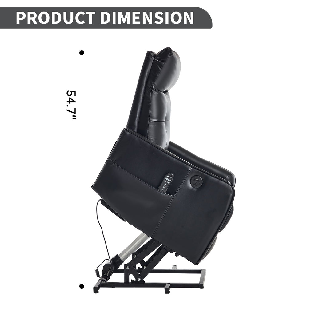 Black PU Single Motor Power Lift Recliner Chair with Massage and Heat for Elderly, Heavy Duty Motion Mechanism and One USB for Charging, Max Reclining Angle 155°