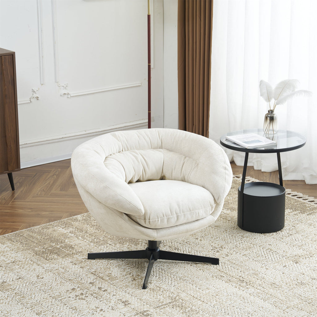 Modern Chenille Office Chair, 360° Swivel Club Chair/Accent Chair with Removable Cushion, Round Office Chair, Black Metal Base, Cotton Material, Living Room, Bedroom, Reading Corner, Office (Beige)