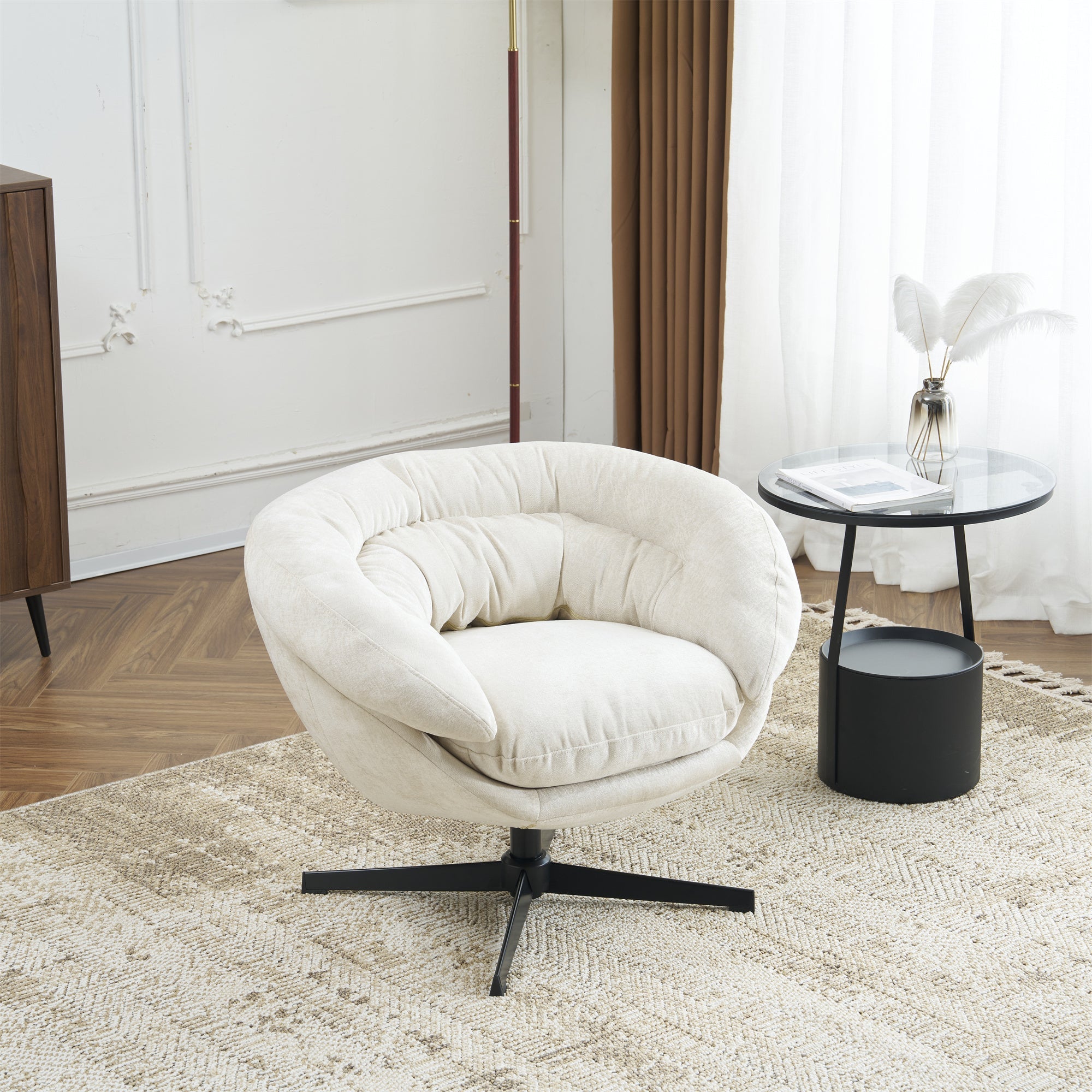 Modern Chenille Office Chair, 360° Swivel Club Chair/Accent Chair with Removable Cushion, Round Office Chair, Black Metal Base, Cotton Material, Living Room, Bedroom, Reading Corner, Office (Beige)