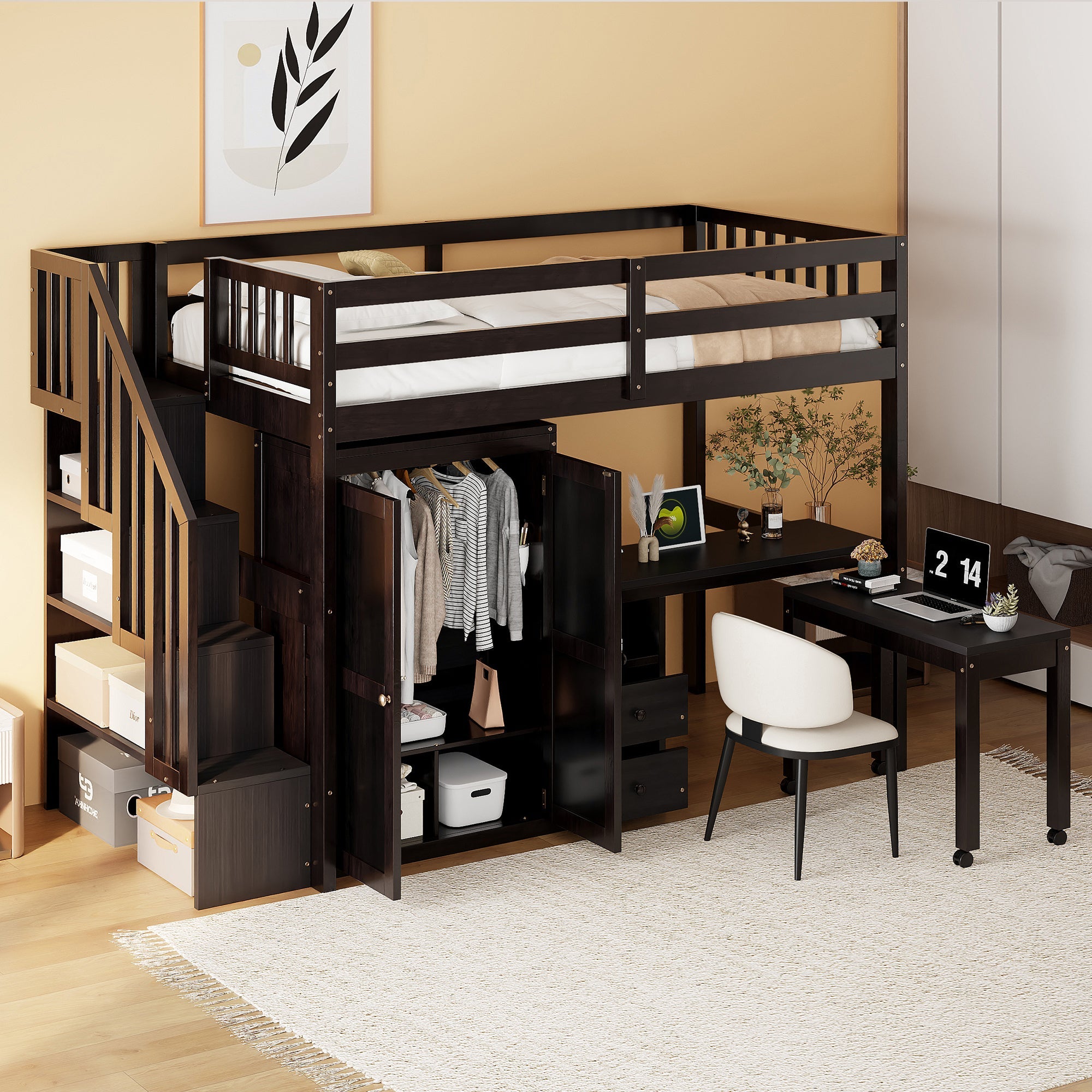 Twin Size Loft Bed with Stairs, Bookshelf, Drawers, Desk & Wardrobe – Space-Saving Multifunctional Furniture for Kids & Teens-Espresso