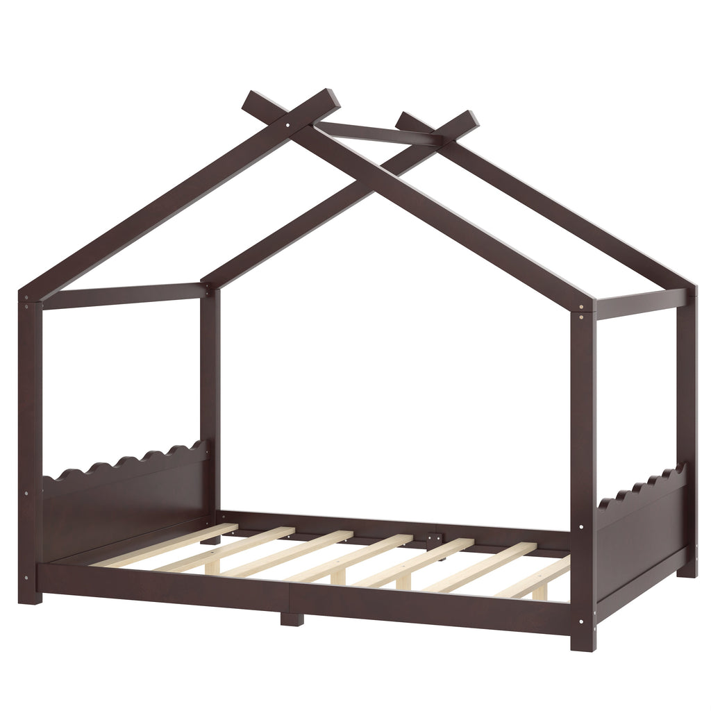 Full House Floor Bed with Support Slats, Solid Wood House Bed Frame for Kids, No Box Spring Needed and Opening Constructure, Espresso