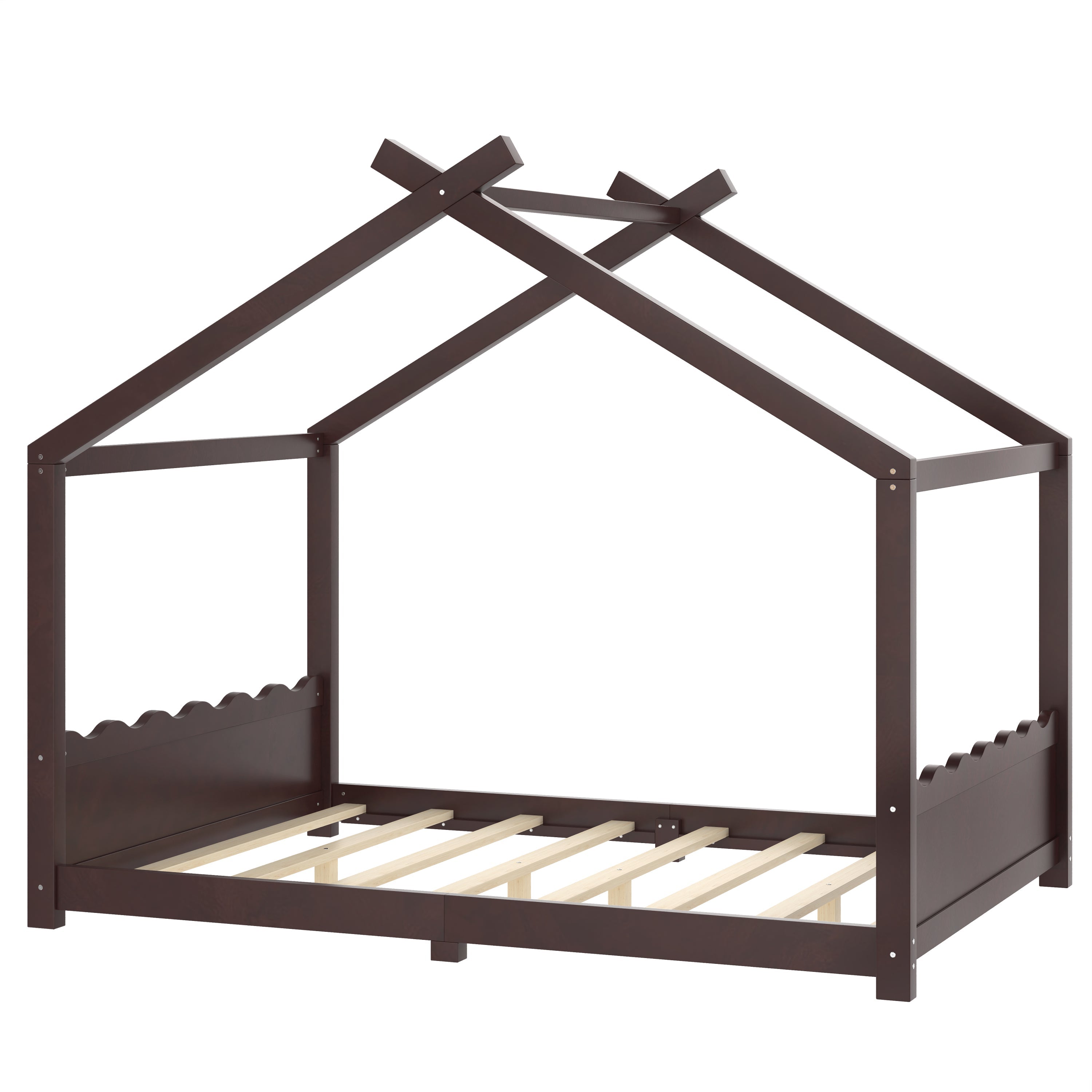Full House Floor Bed with Support Slats, Solid Wood House Bed Frame for Kids, No Box Spring Needed and Opening Constructure, Espresso