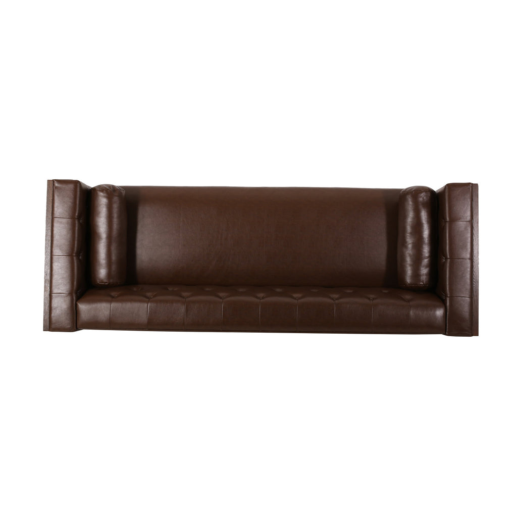 Contemporary 3-Seater Sofa with Tufted Diamond Stitch and Rolled Accent Pillows in Dark Brown PU