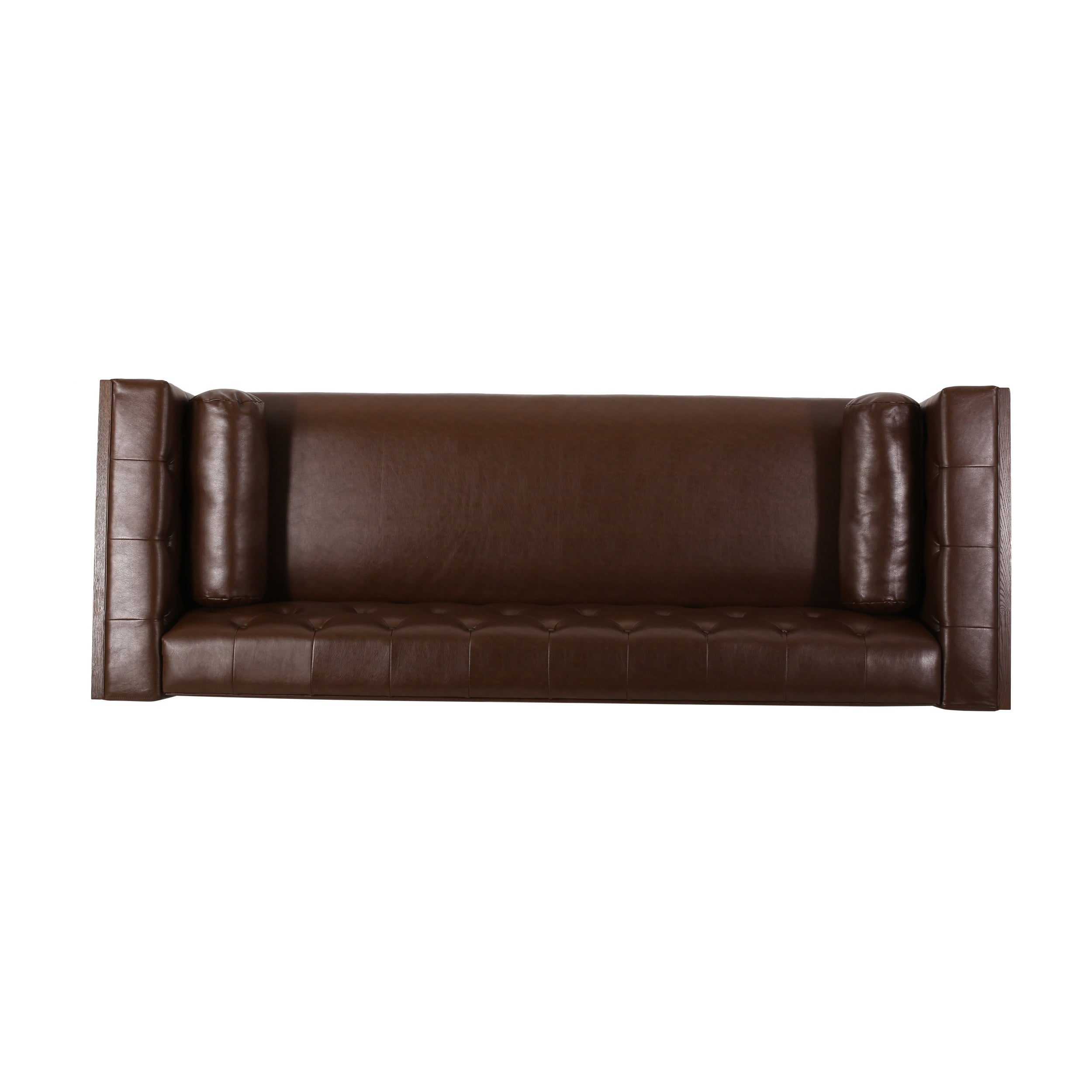 Contemporary 3-Seater Sofa with Tufted Diamond Stitch and Rolled Accent Pillows in Dark Brown PU