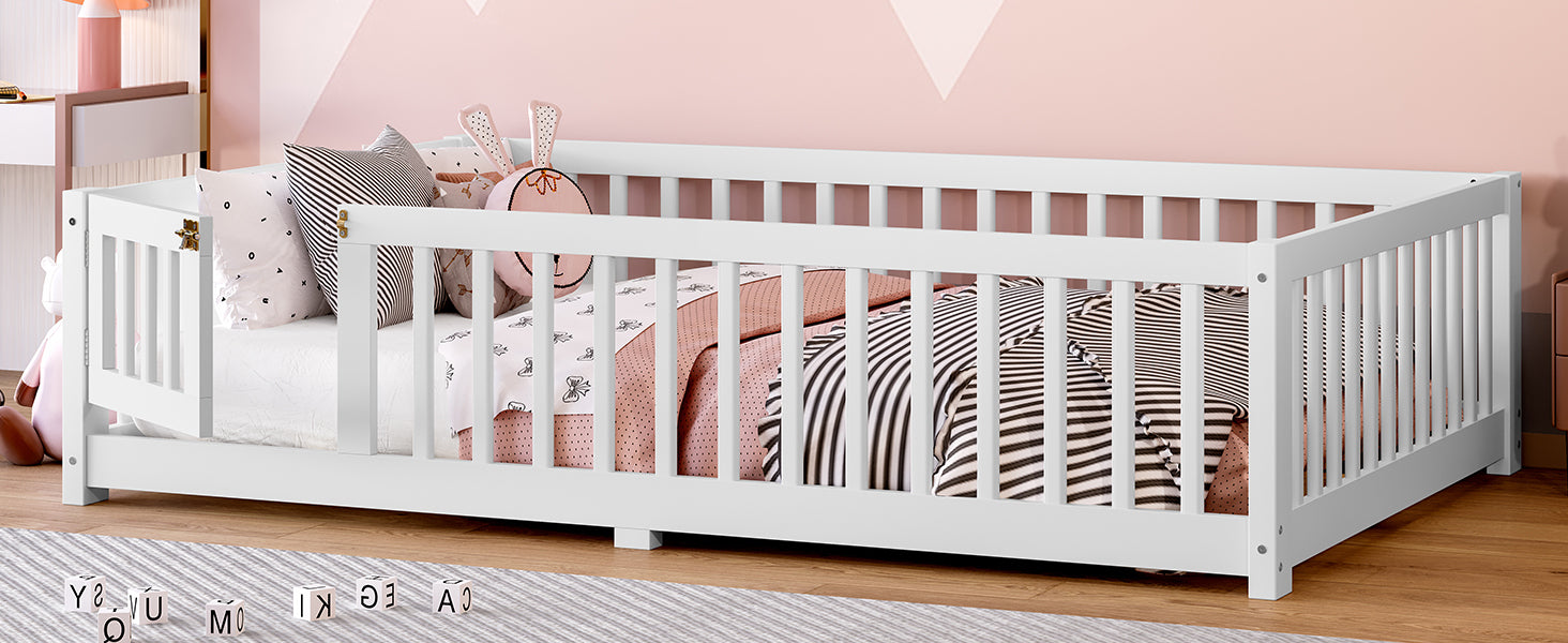 Full Size Bed Floor Bed with Safety Guardrails and Door for Kids, White(Old SKU: W1580P154625)