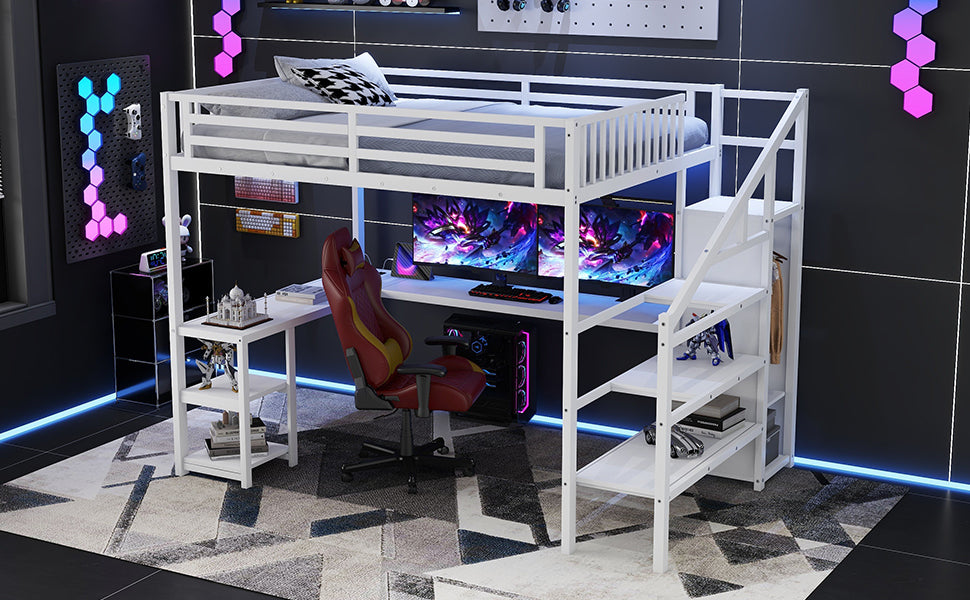Metal Queen Loft Bed with Wardrobe and LED Light, Queen Size Loft Bed with L Shaped Desk and USB for Kids Teens Adults, White