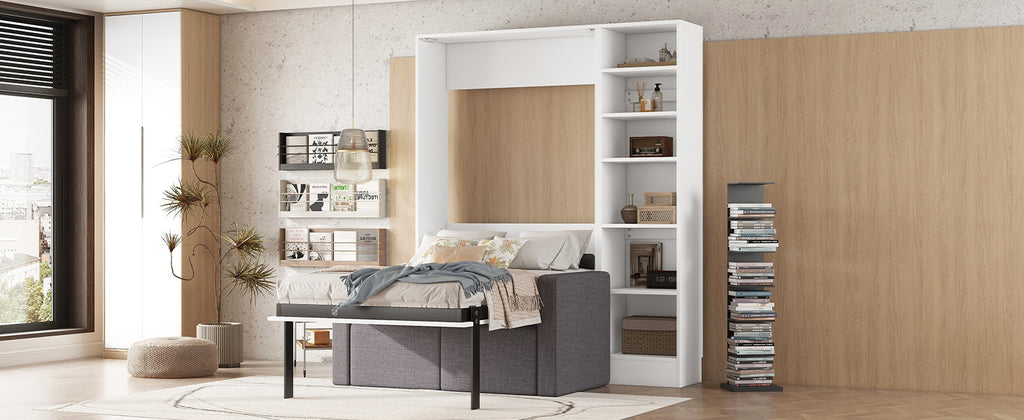 Twin Size Murphy Bed Wall Bed with Sofa,with Shelves,White