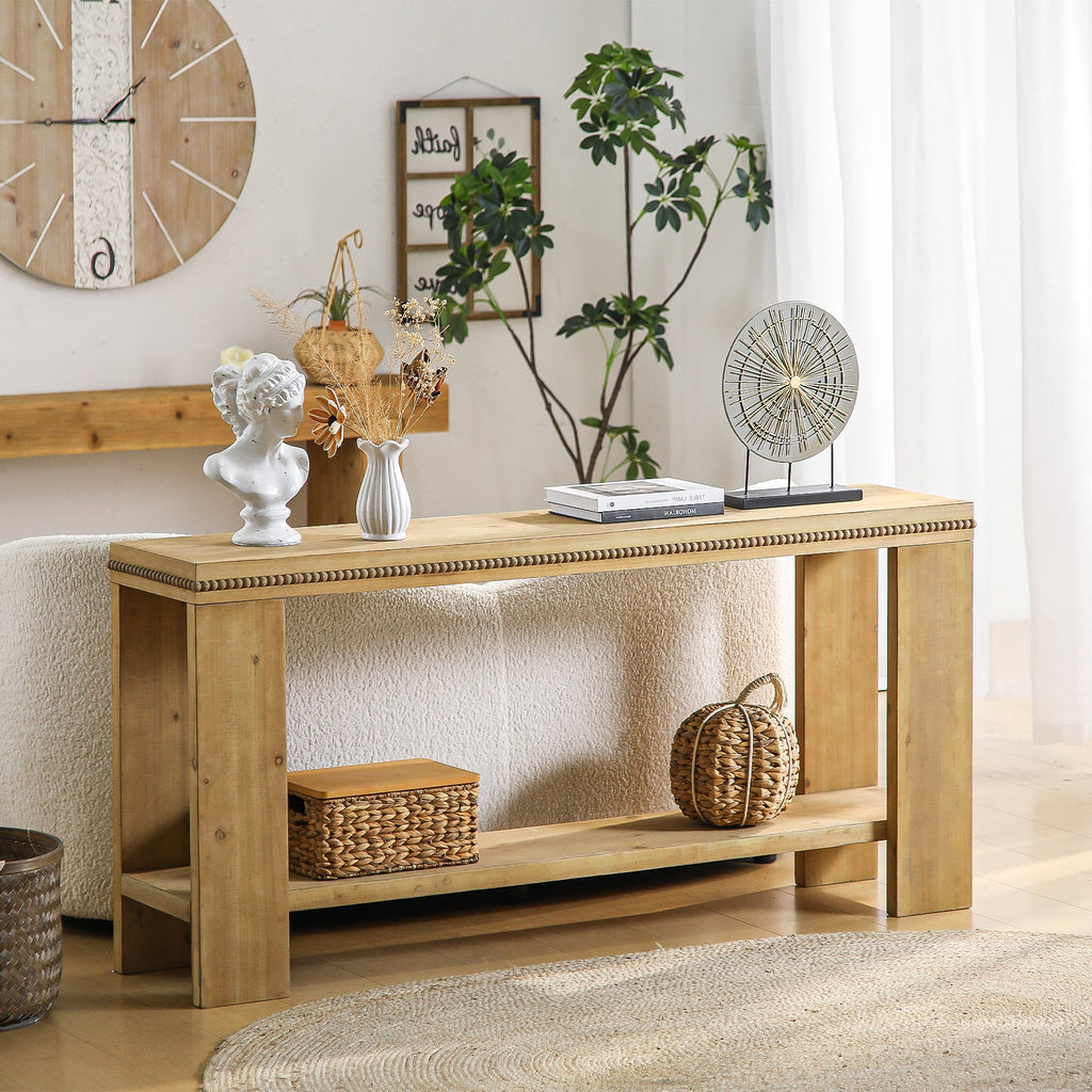 63' Boho Console Table with Storage Shelf – Rustic Farmhouse Sofa Table with Beaded Trim, 2-Tier Narrow Entryway Table for Hallway, Foyer, or Behind Couch