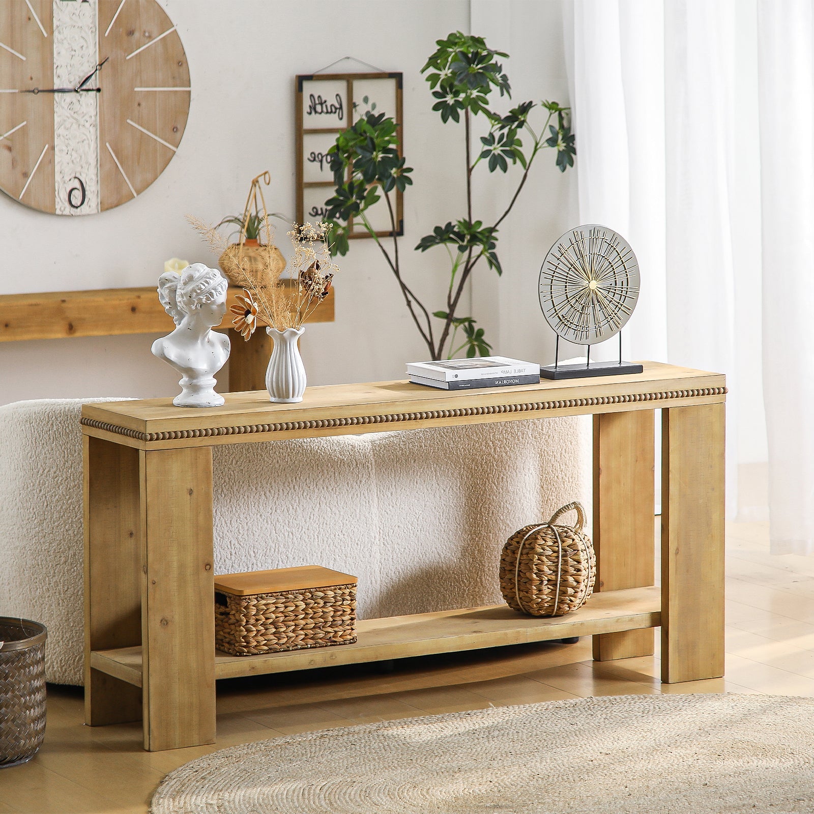 63' Boho Console Table with Storage Shelf – Rustic Farmhouse Sofa Table with Beaded Trim, 2-Tier Narrow Entryway Table for Hallway, Foyer, or Behind Couch
