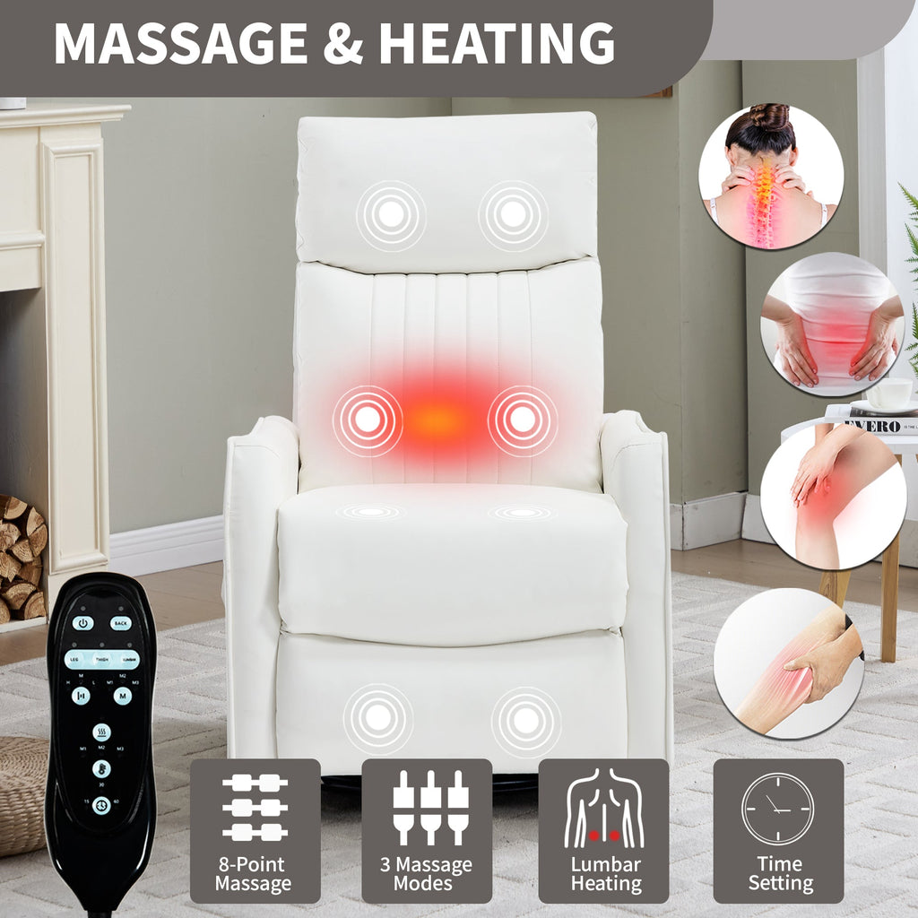 White Heat Massage Manual Recliner Chair with Rocker and Swivel in Faux Leather for Living Room