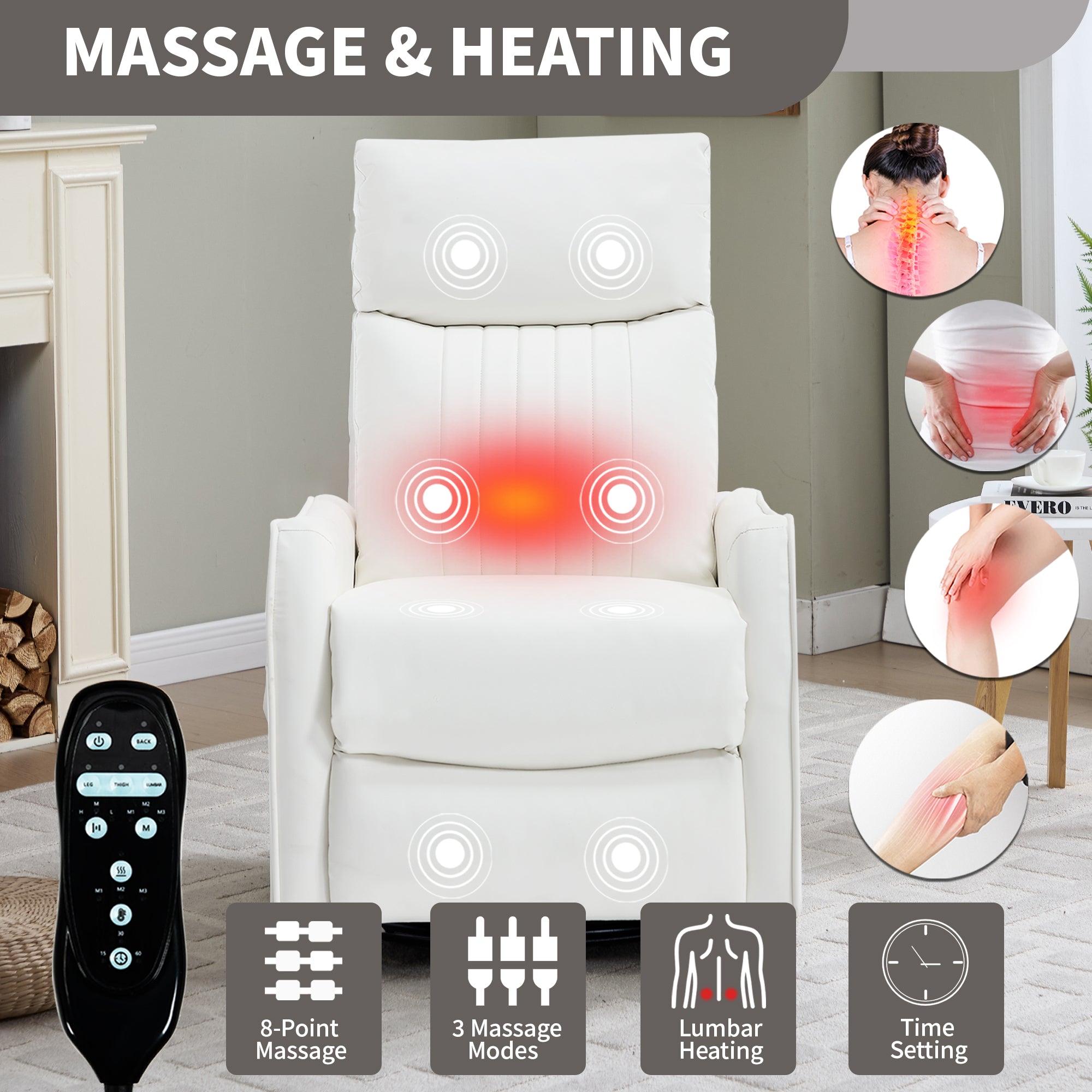 White Heat Massage Manual Recliner Chair with Rocker and Swivel in Faux Leather for Living Room