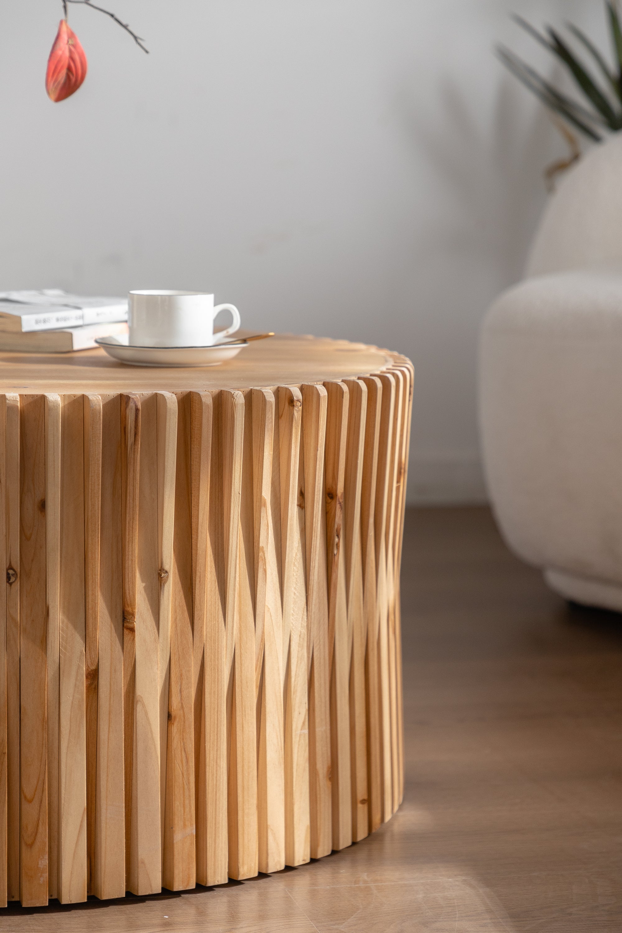 31.5" Retro Fashion Style Cylindrical Coffee Table with Vertical Texture Relief Design,Suitable for Living Room,Office,and Dining Room