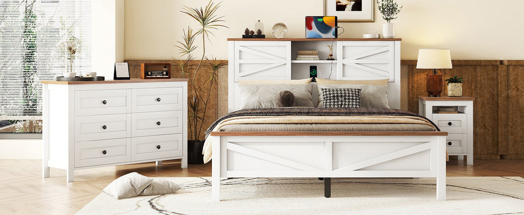 3-Pieces Bedroom Sets Queen Size  Farmhouse Platform Bed with Double Sliding Door Storage Headboard, Storage Nightstand and Dresser, White+Brown(Old SKU HL000092AAK)