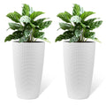 Faux Rattan Tall Planters Set with Water Level Monitor and Automatic Watering, White, Polypropylene, 22 Inch