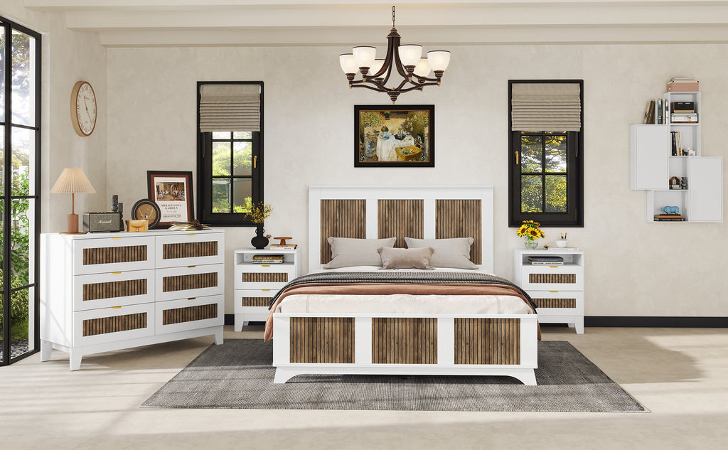 4-Pieces Bedroom Sets, Queen Size Farmhouse Platform Bed with Wooden Strip Stickers Decoration, Storage Nightstand and Dresser with Metal Handle, White(Old SKU: HL000191AAK)