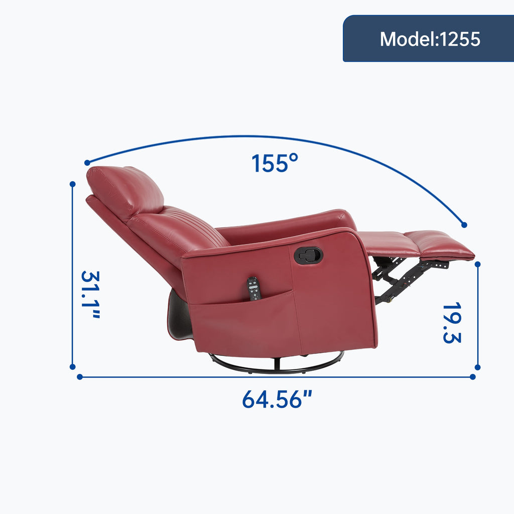 Red Faux Leather Heat Massage Manual Recliner Chair with Rocker and Swivel for Living Room