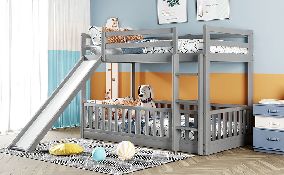 Twin Over Twin Bunk Bed with Slide and Ladder, Gray（Old SKU:LP000009AAE）