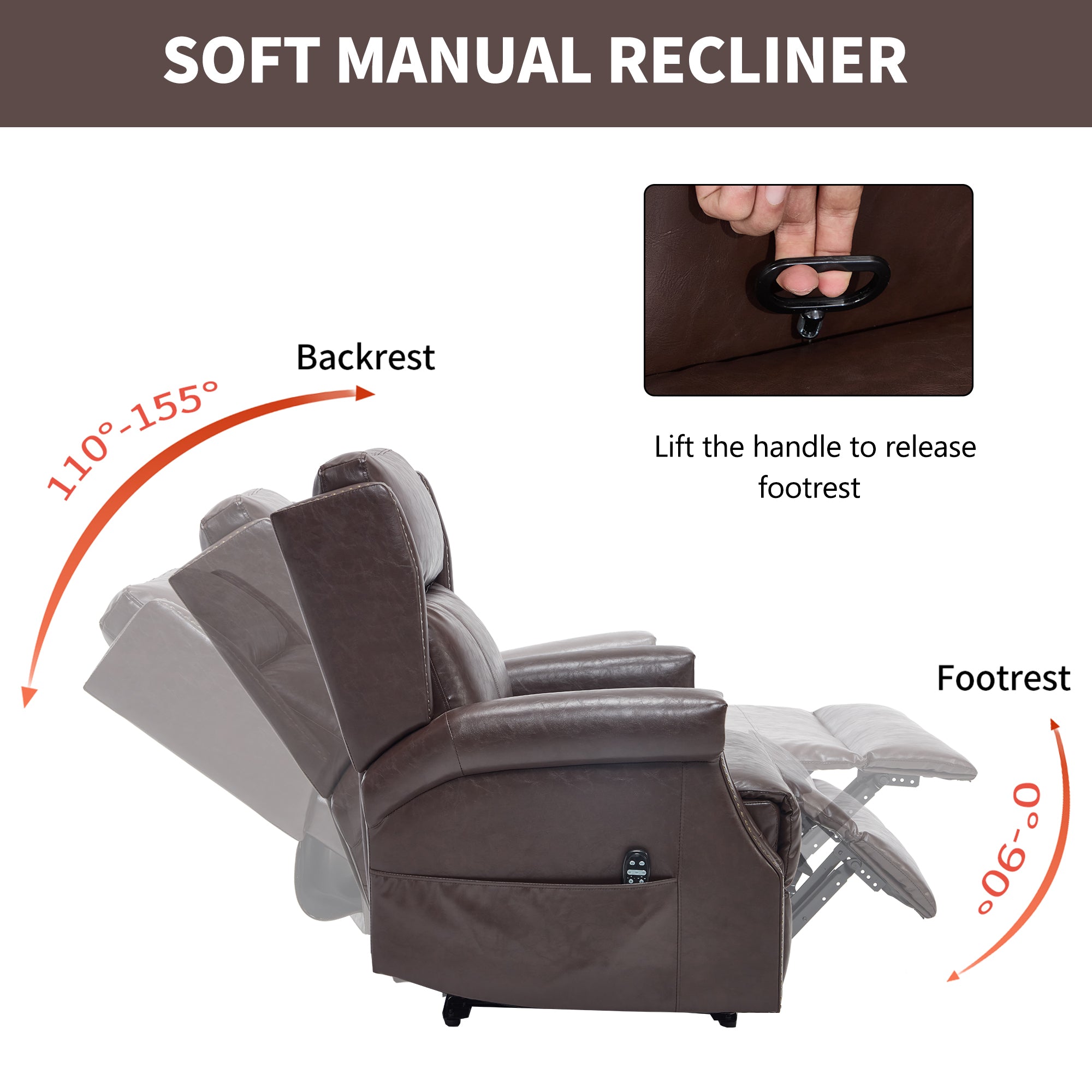 Brown Manual Recliner Chair in Faux Leather for Living Room with Heavy Duty Motion Mechanism, 8 vibrating nodes and 3 massage modes