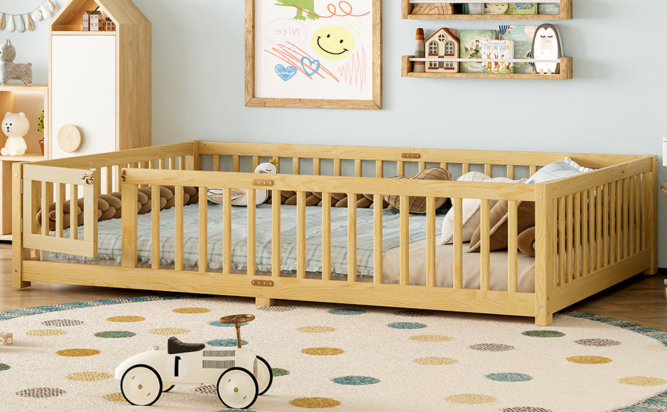 Queen Size Bed Floor Bed with Safety Guardrails and Door for Kids, Natural( Old SKU:W1580P154630)