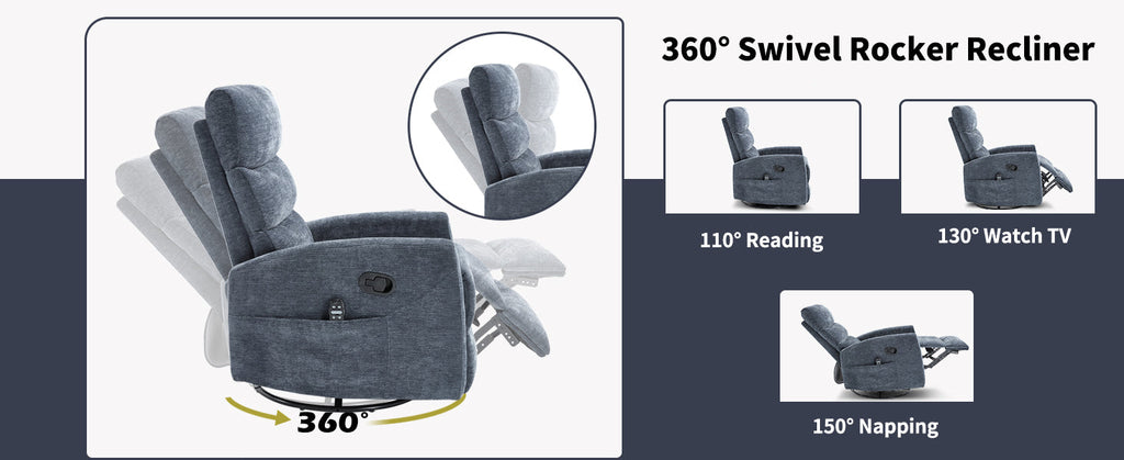 Heat Massage Manual Recliner Chair with Rocker and Swivel in Fabric for Living Room, Blue
