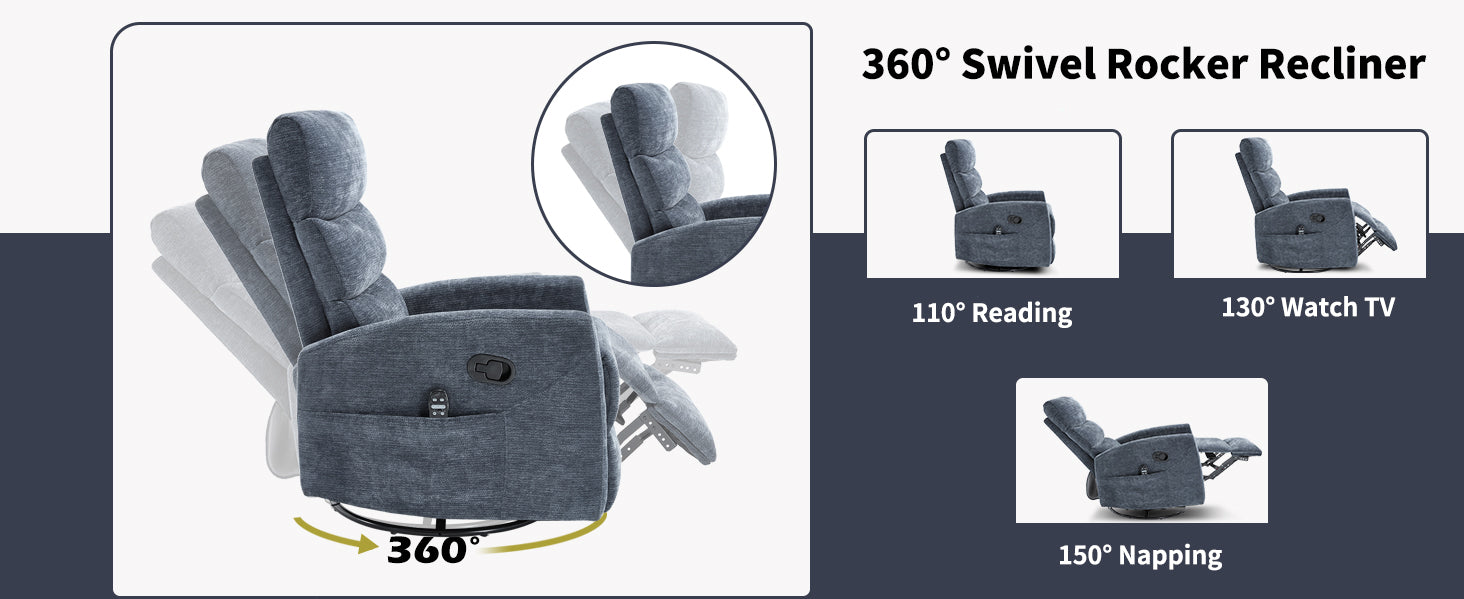 Heat Massage Manual Recliner Chair with Rocker and Swivel in Fabric for Living Room, Blue