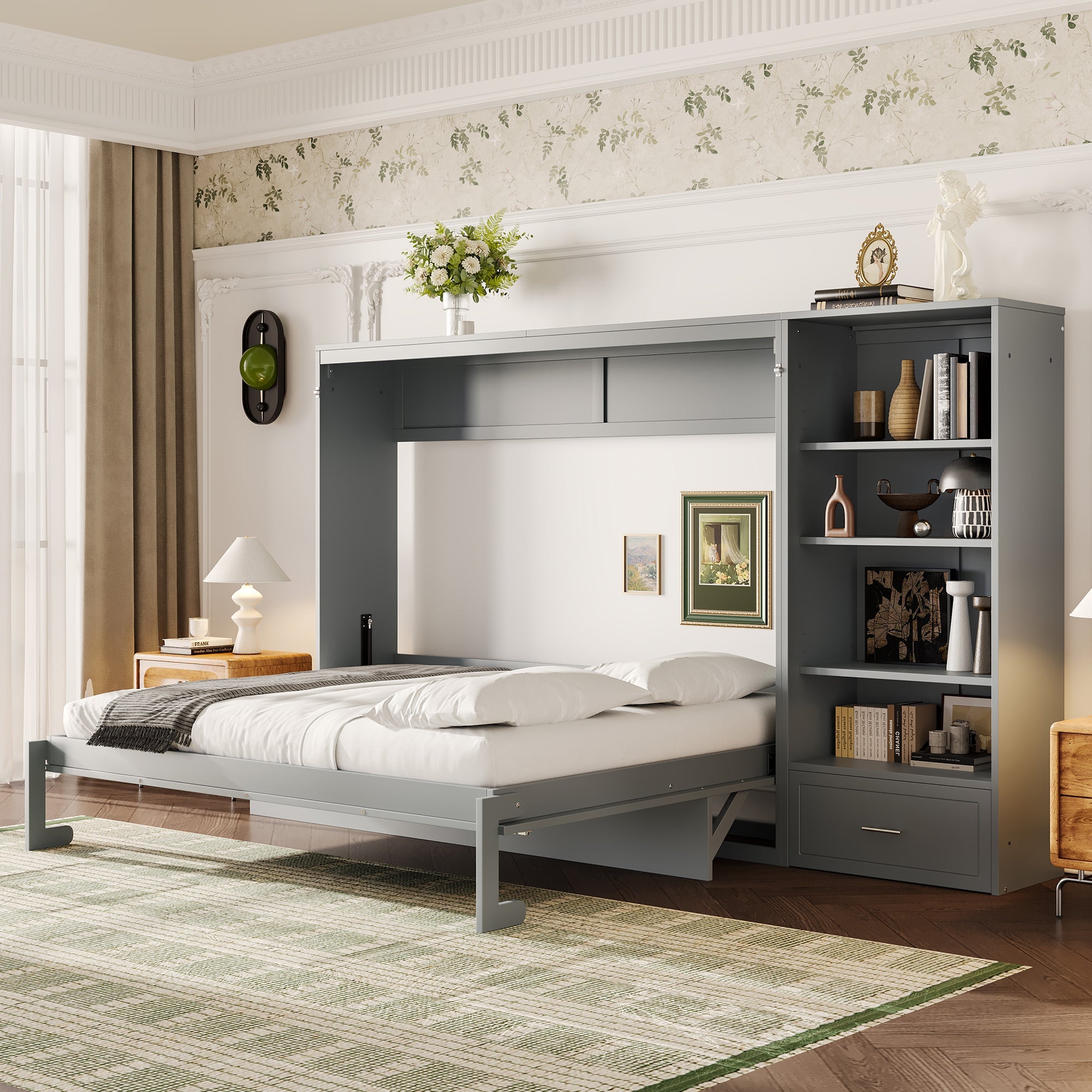 Queen Size Murphy Bed with Height Adjustable Storage Compartments and Shelf, Wall Bed Frame With 1 Drawer, Multifunctional Foldable Platform Bed for Small Space,Bedroom,Guest Room, Gray