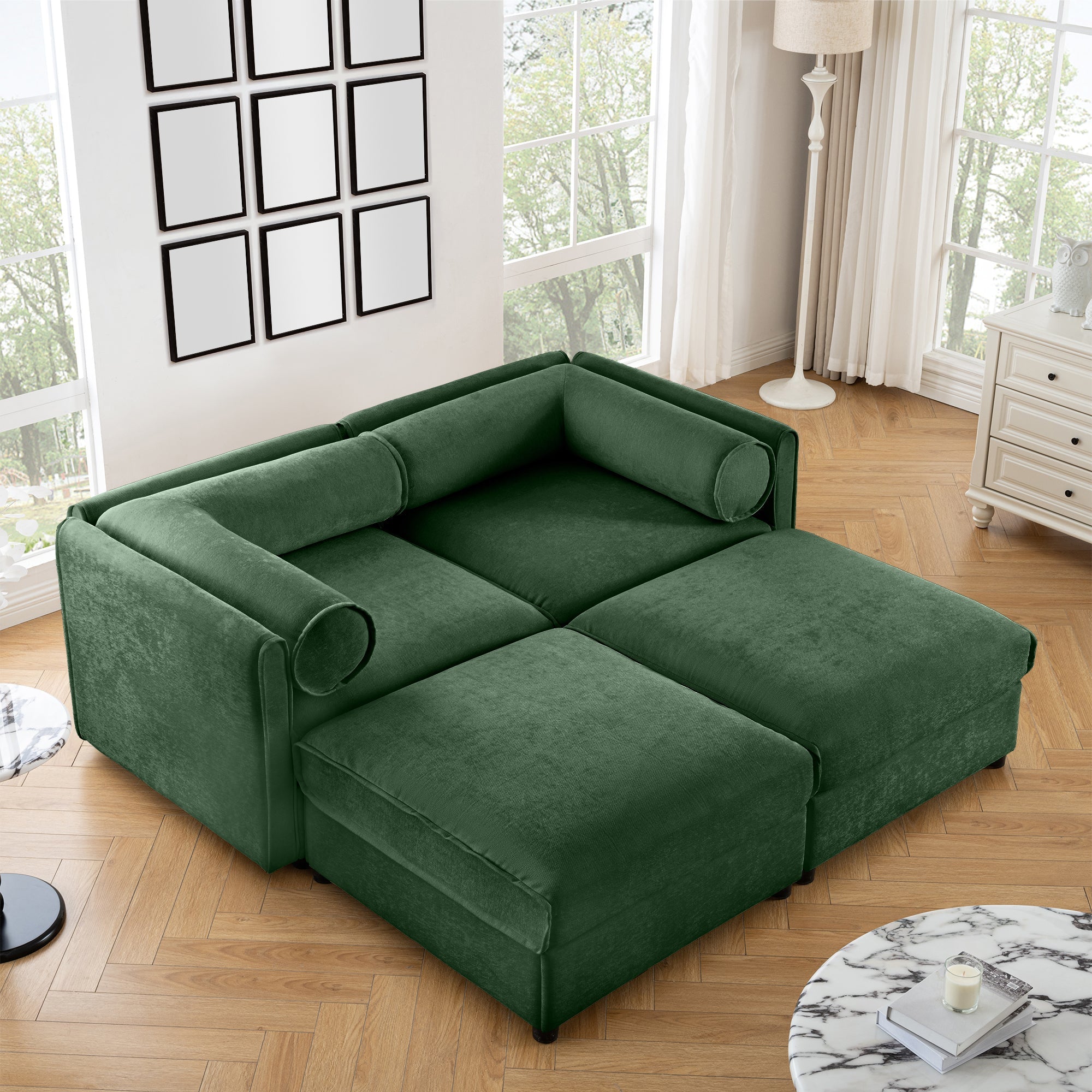 Stylish Green Chenille 2-Seater Sofa with 2 Ottoman Storage Seat, Cylindrical Backrest and Armrests, Modern Fabric Loveseat Featuring Hidden Storage Space