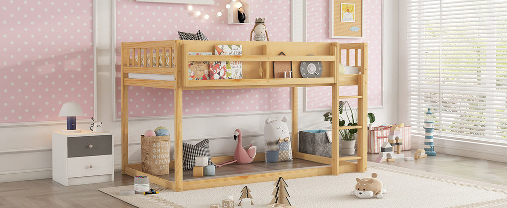 Low Twin Over Twin Bunk Bed, Floor Bunk Bed with Ladder, Solid Wood Twin Bunk Bed for Kids & Juniors, Natural(Expect Arrival Date 2025/11/25)