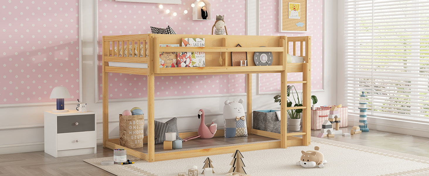 Low Twin Over Twin Bunk Bed, Floor Bunk Bed with Ladder, Solid Wood Twin Bunk Bed for Kids & Juniors, Natural(Expect Arrival Date 2025/11/25)