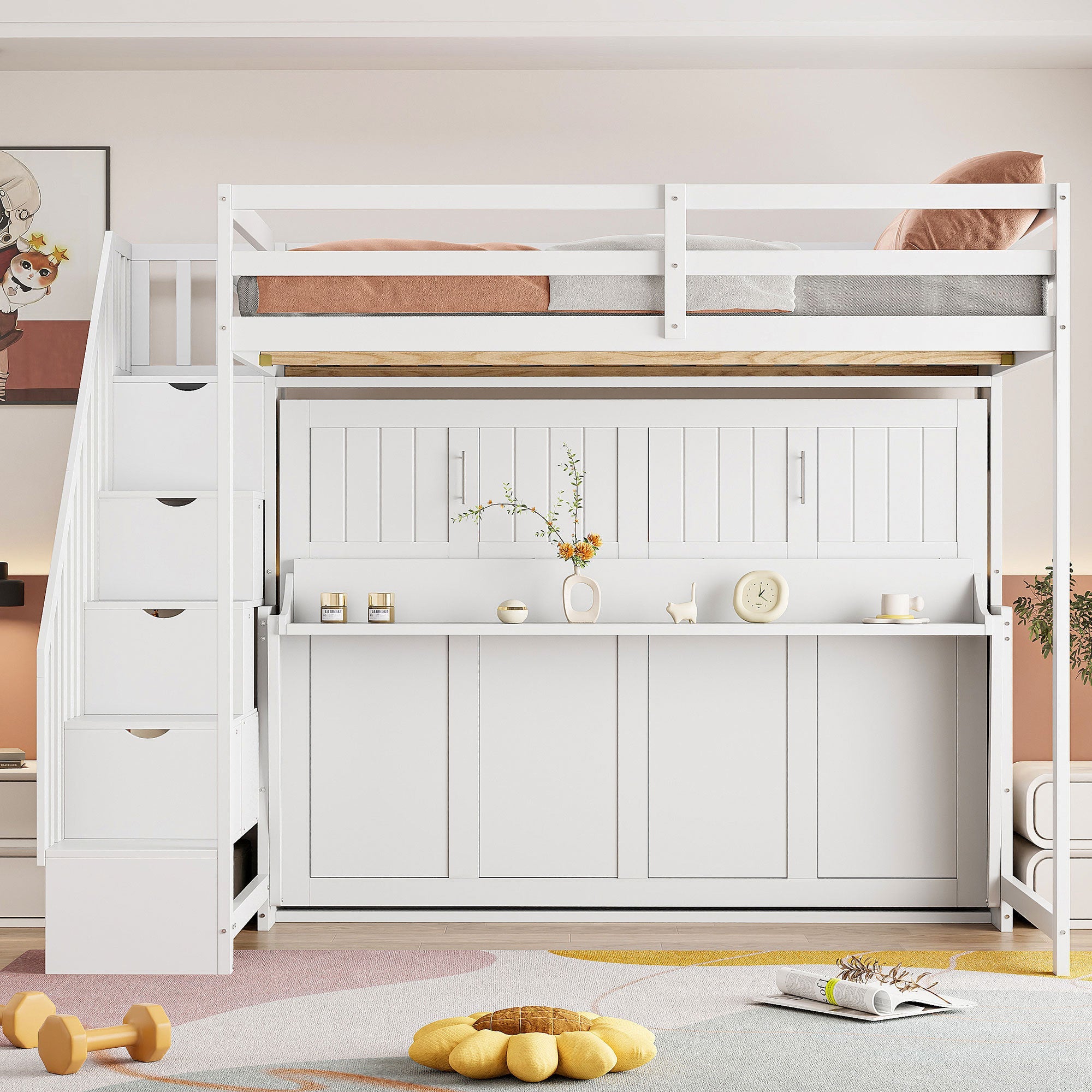 Full Over Full Size Murphy Bed with Hydraulic Lift & Desk Design, White